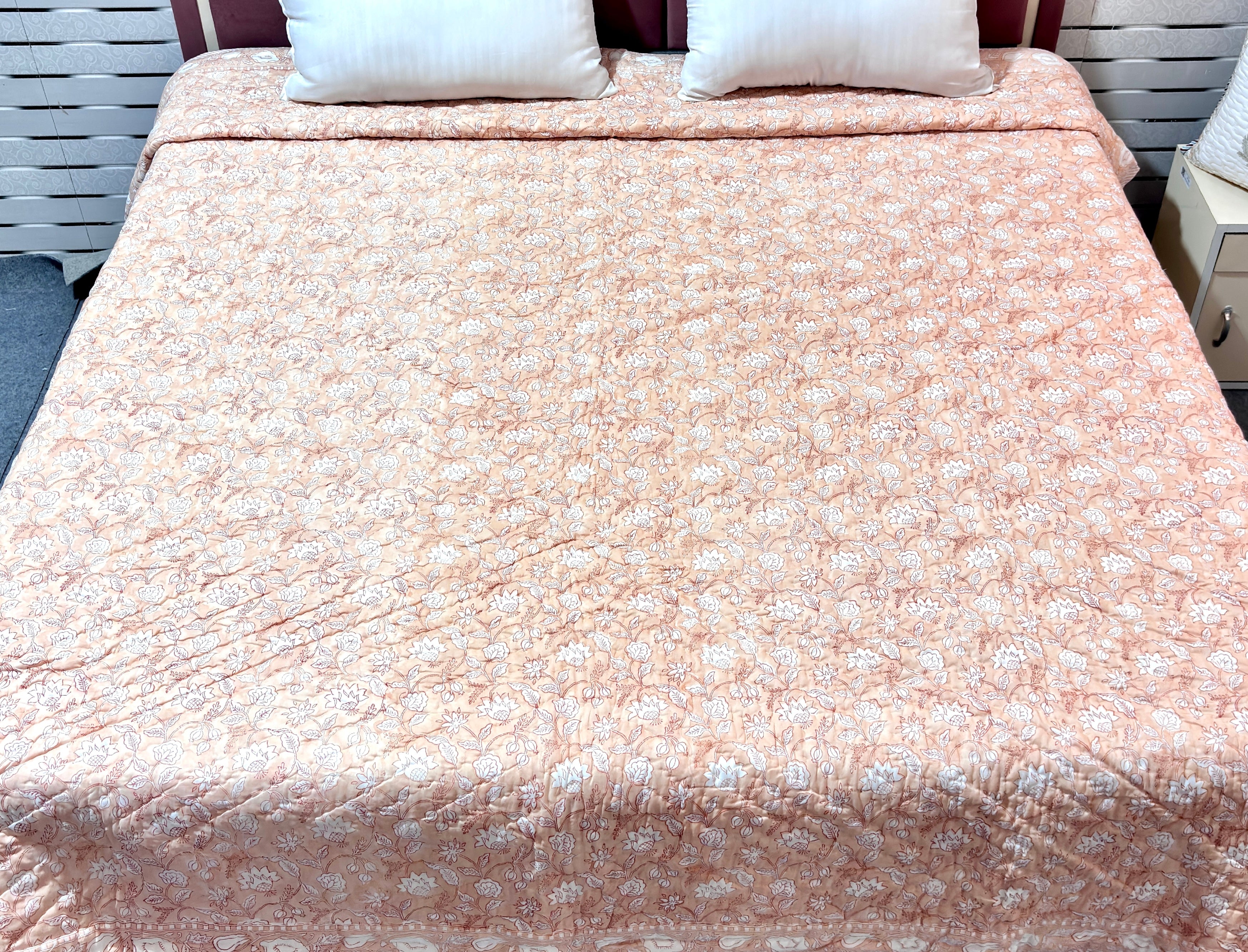 Peach Floral Cotton Quilt | Hand Block Printed Flower Quilt | Soft Indian Cotton Bedspread | Handmade Bedding
