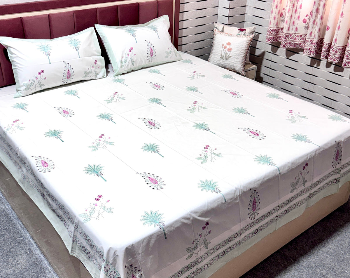Hand Block Printed Cotton Bedsheet | Palm Tree & Paisley Print Bedsheet with Pillow Covers | Handmade Jaipur Double Bedsheet