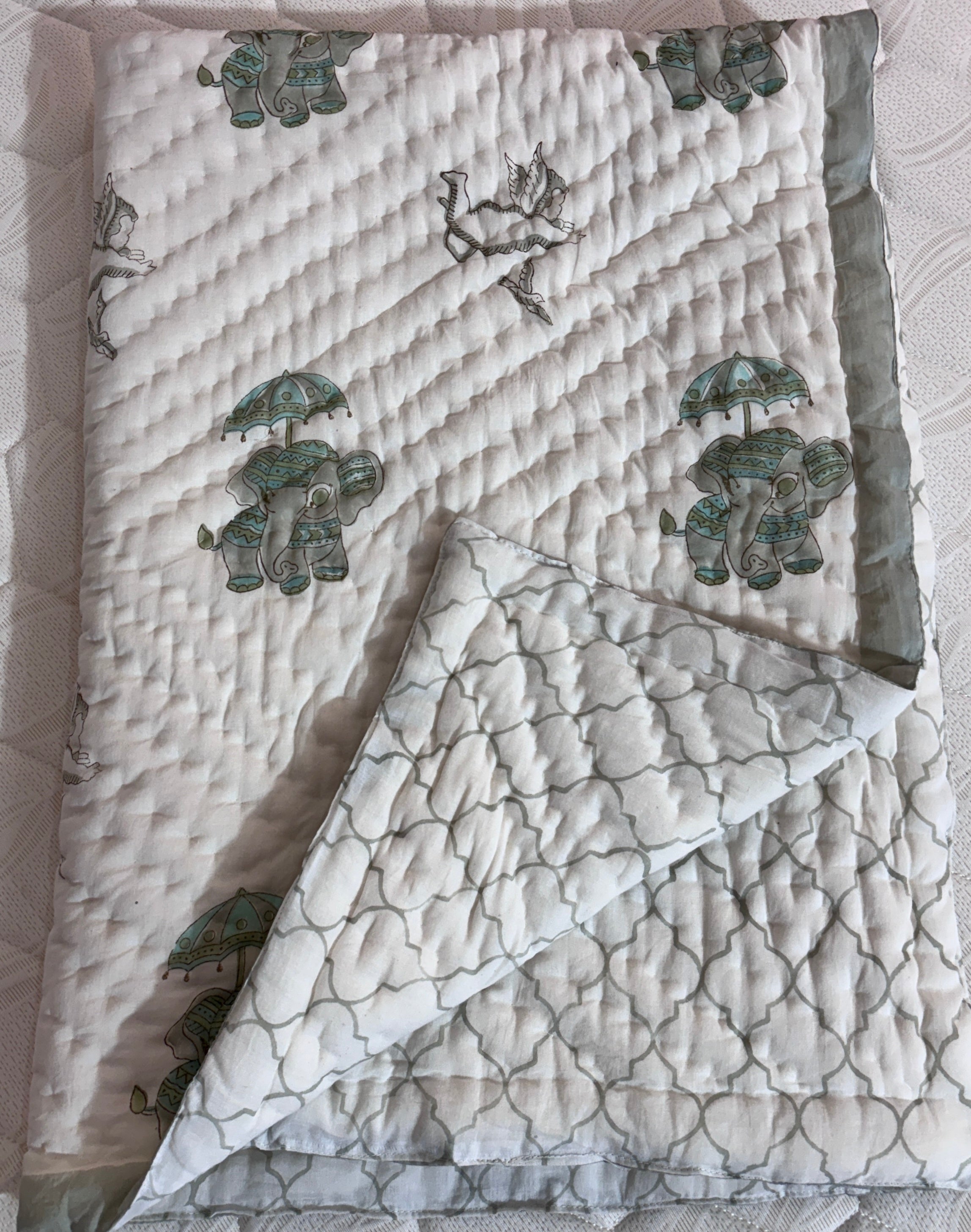 Hand Block Printed Baby Quilt | Elephant & Unicorn Cotton Baby Quilt | Handmade Reversible Baby Blanket | Soft Nursery Bedding | Toddler Quilt