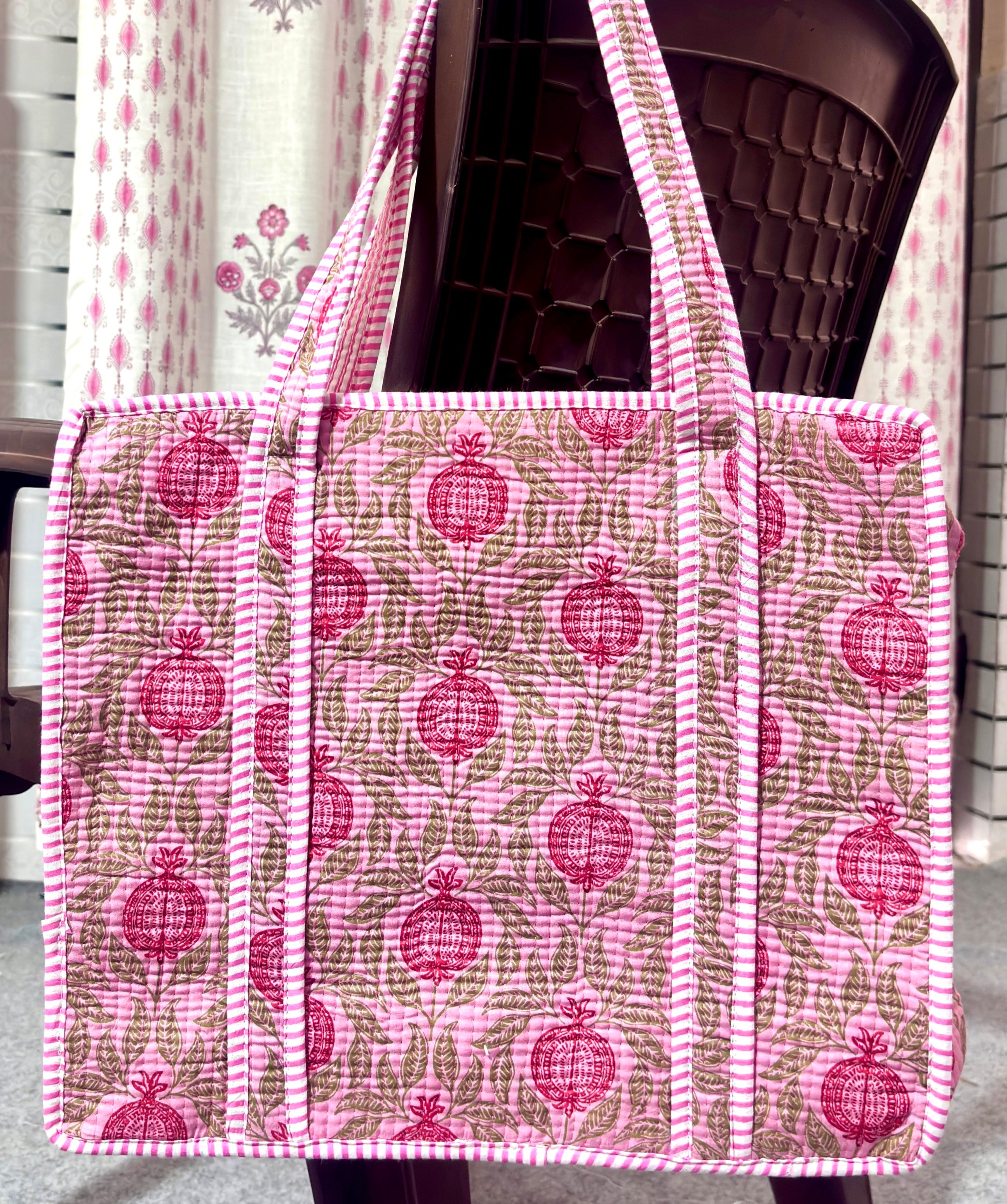 Pink Hand Block Print Quilted Cotton Tote Bag, Handmade Floral Shoulder Bag, Indian Cotton Shopping Tote, Reusable Beach Bag, Gift for Her
