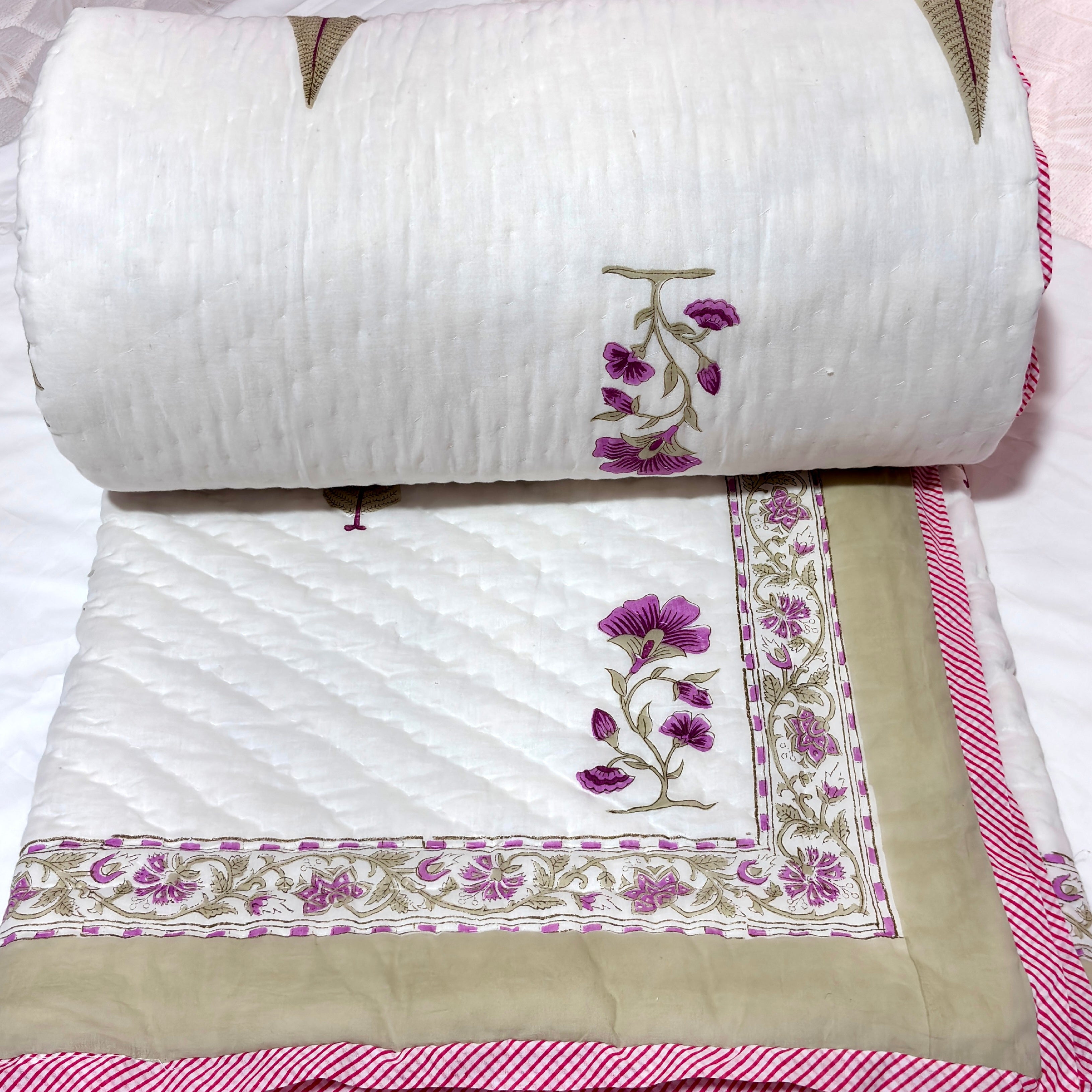 White Floral Cotton Quilt Queen Size | Printed Geometric Botanical Quilted Bedspread | Soft Lightweight Indian Cotton Bed Cover for Bedroom Decor