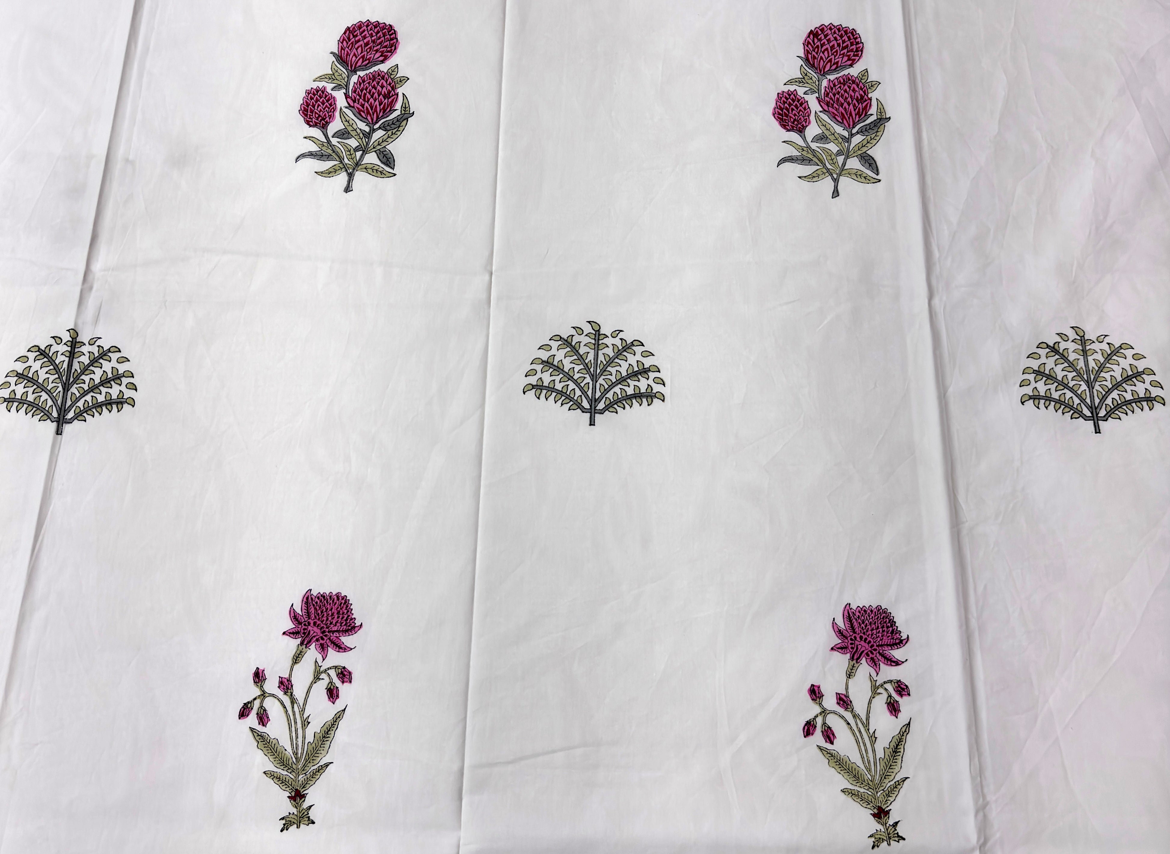 White Floral Cotton Bedsheet | Pink Flower & Green Botanical Printed Double Bed Sheet | Elegant Indian Floral Bedding | King Size