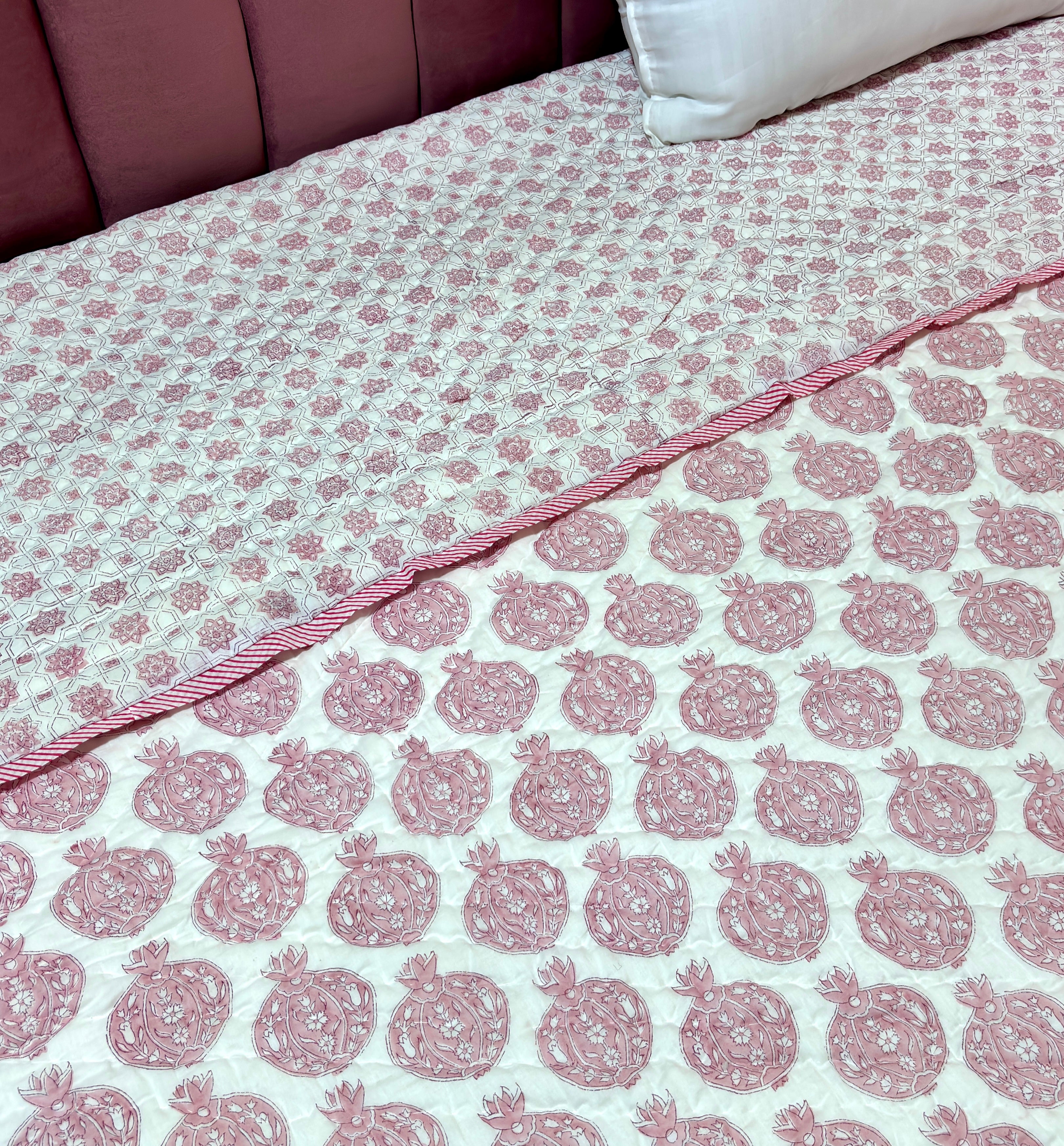 Pink Floral Block Print Cotton Quilt | Handmade Reversible Bed Quilt | Soft Quilted Bedspread | Indian Handcrafted Bedding