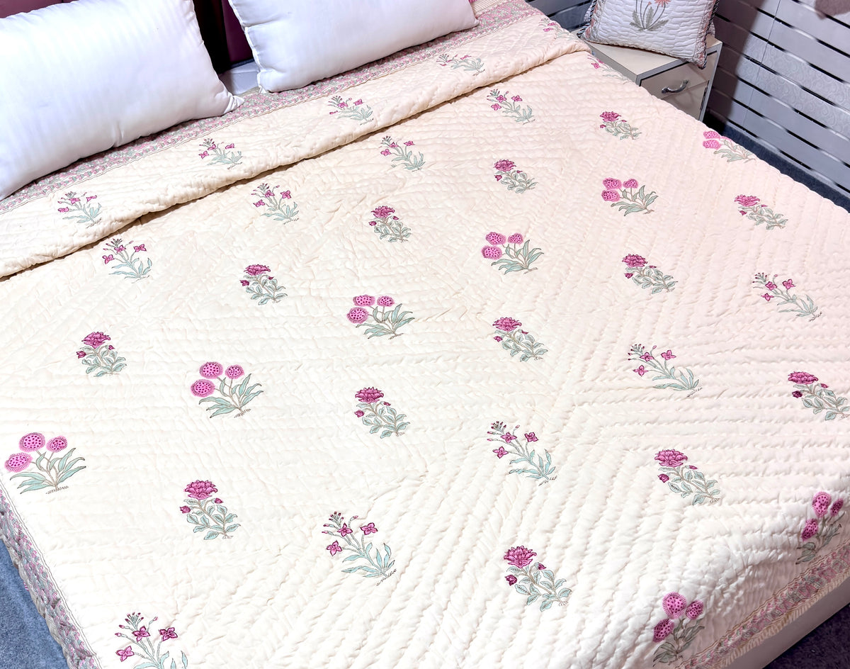 Cream Pink Floral Cotton Quilt Queen Size | Printed Botanical Quilted Bedspread with Decorative Border | Soft Indian Cotton Bed Cover