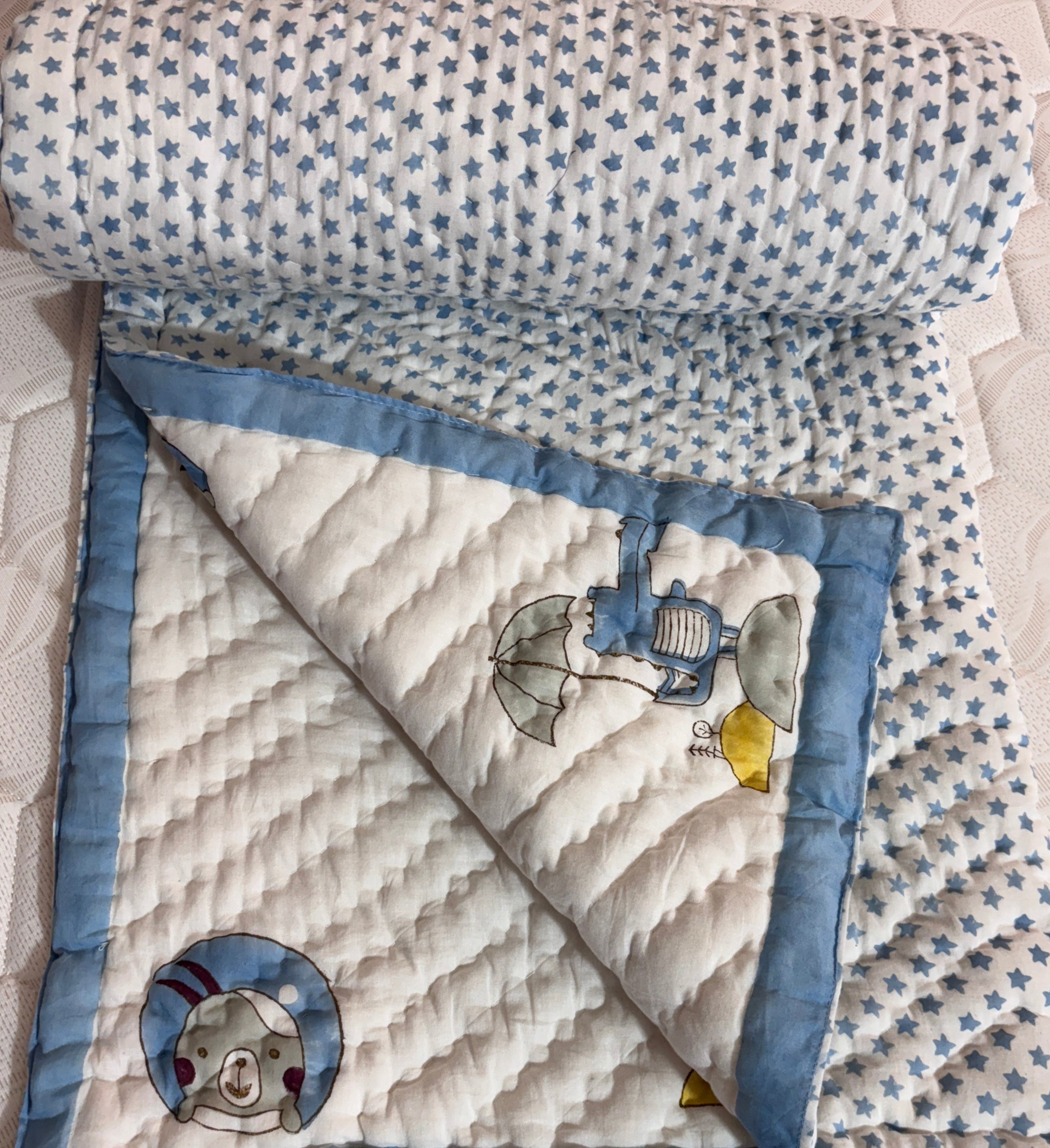 Hand Block Printed Baby Quilt | Airplane Cotton Baby Quilt | Handmade Reversible Baby Blanket | Soft Nursery Quilt