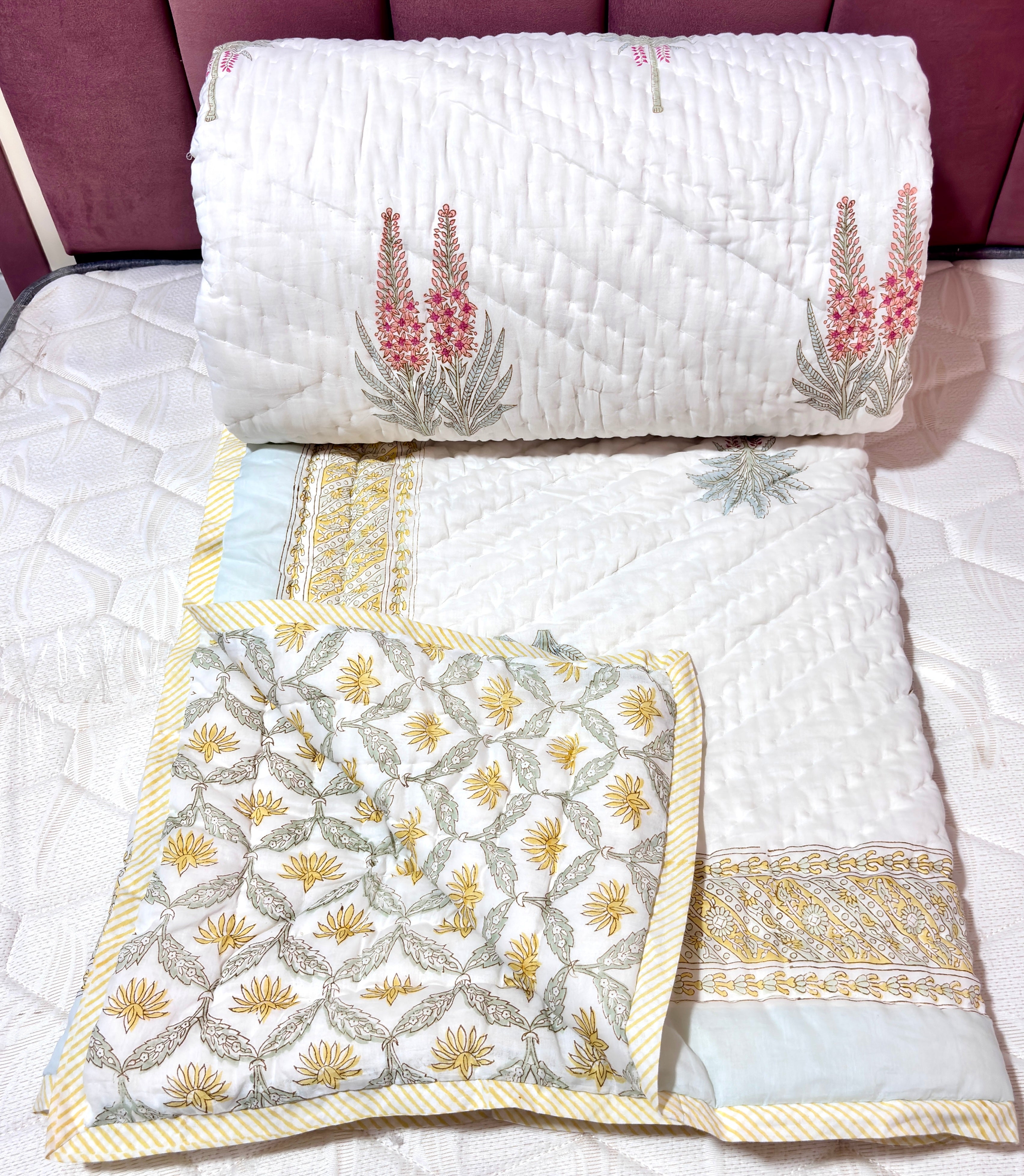 White Hand Block Printed Cotton Quilt | Botanical Floral Jaipuri Quilt | Soft Reversible All Season Bedspreads