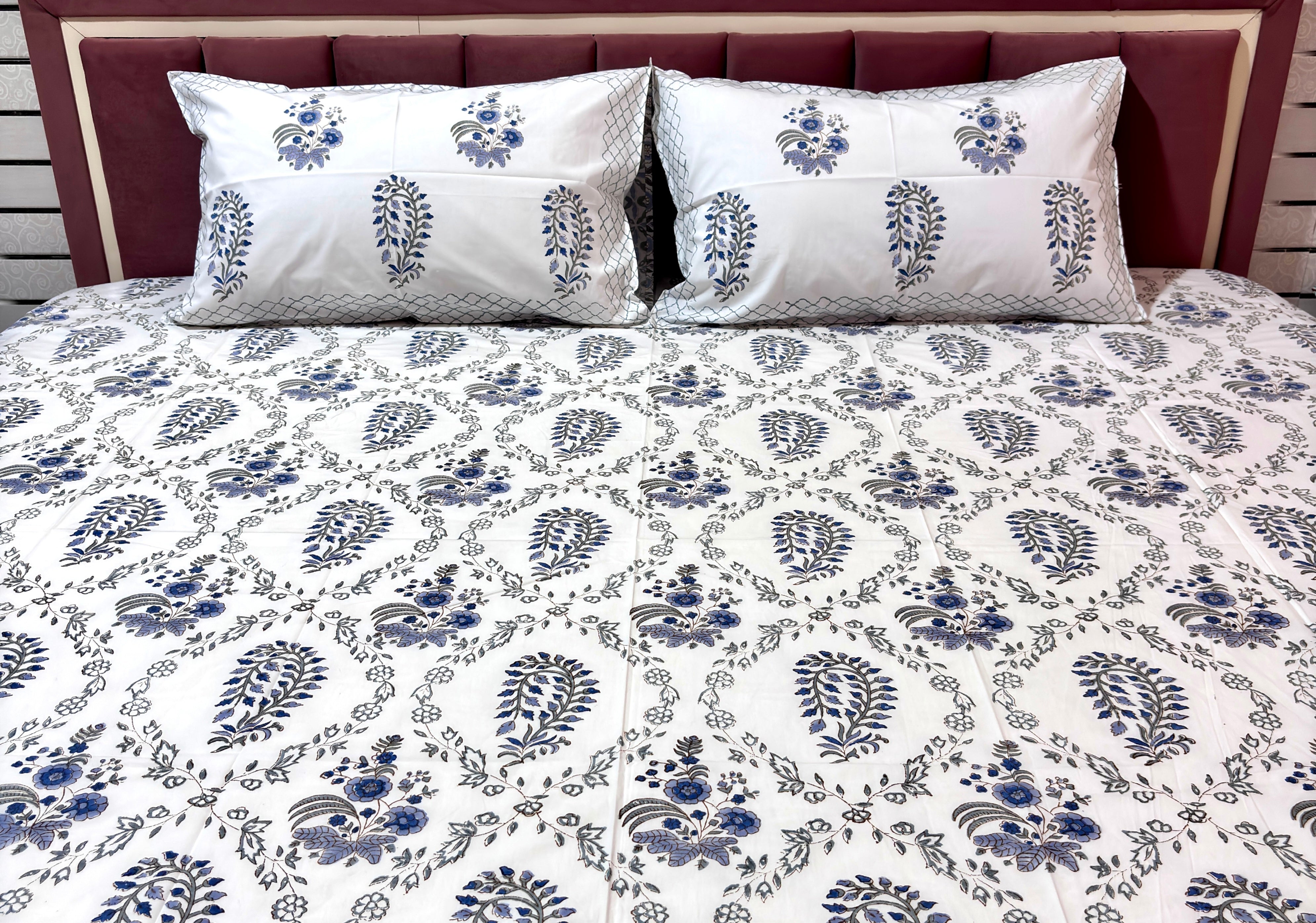 Premium Blue Floral Cotton Bedsheet with Pillow Covers for Double Bed | Soft & Stylish Bedding Set