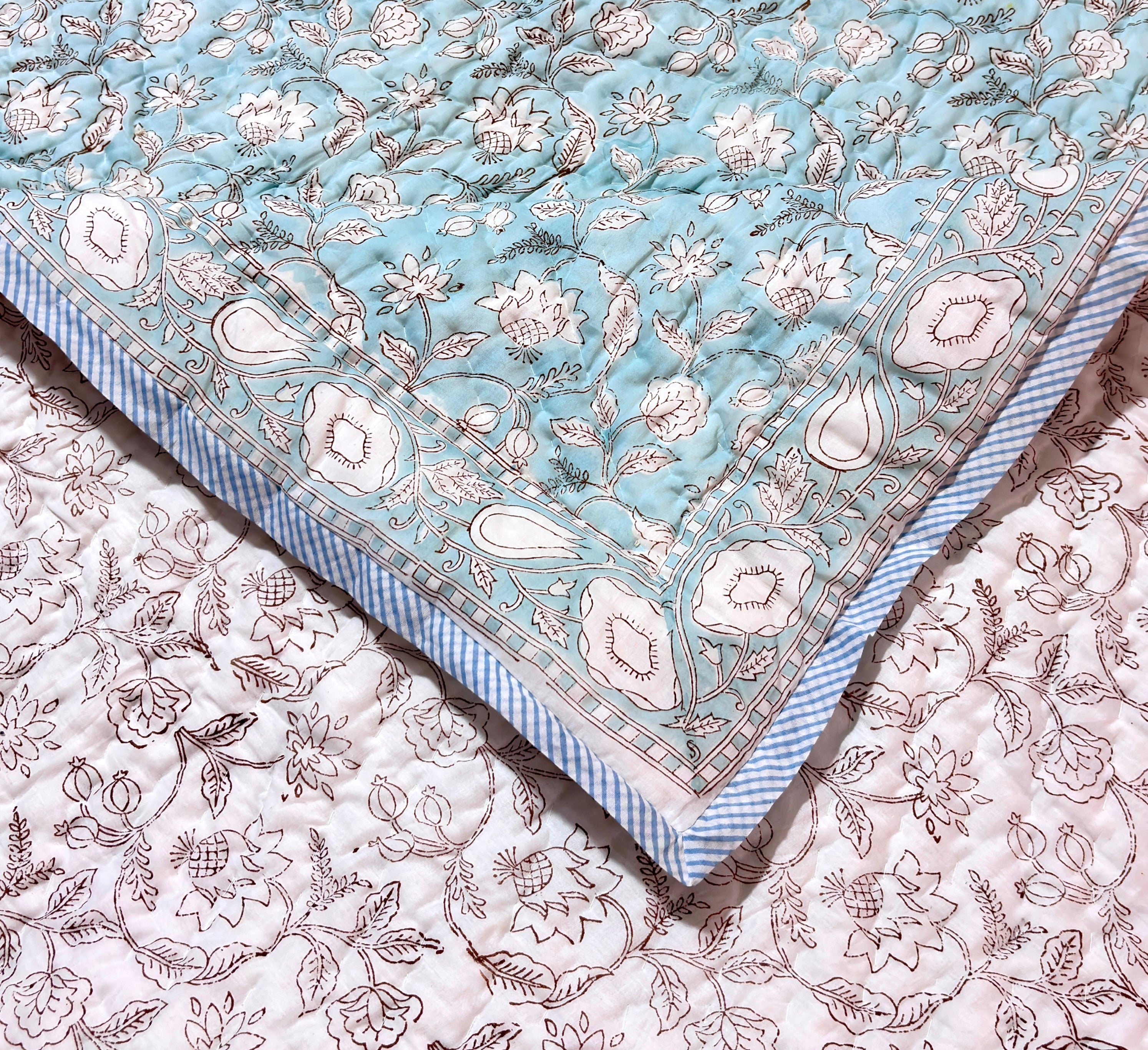 Floral Blue Cotton Quilt | Reversible Pink Flower Quilt | Hand Block Printed Indian Cotton Bedspread | Handmade Bedding