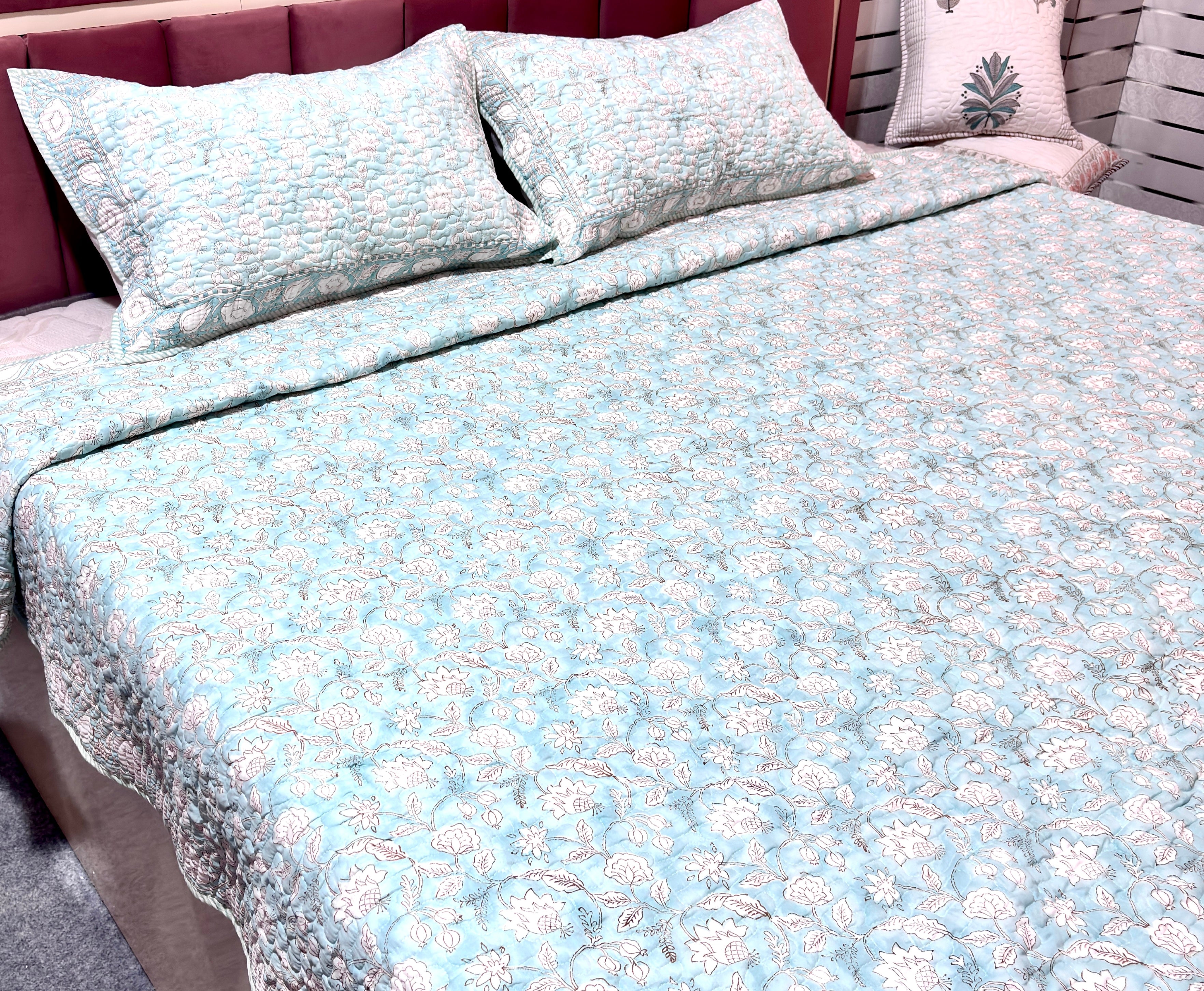 Hand Block Print Cotton Bedcover | Light Blue Floral Quilt | Reversible Jaipuri Bedspread | Handmade Cotton Bedding | Queen Bed Cover