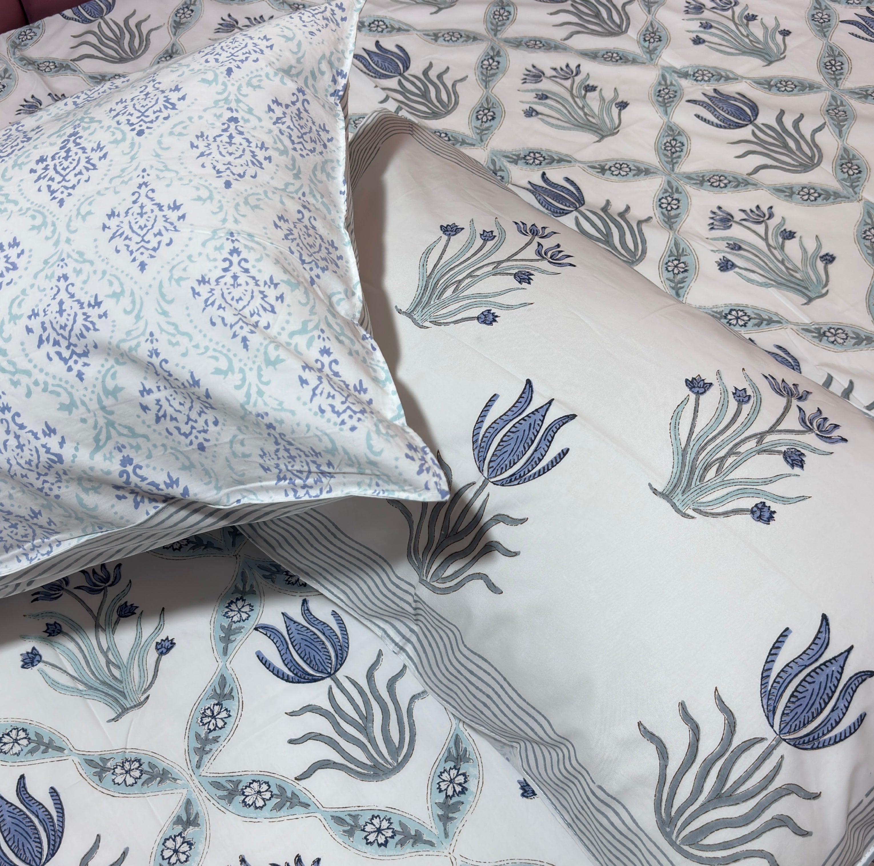 Blue floral handblock printed cotton bedsheet