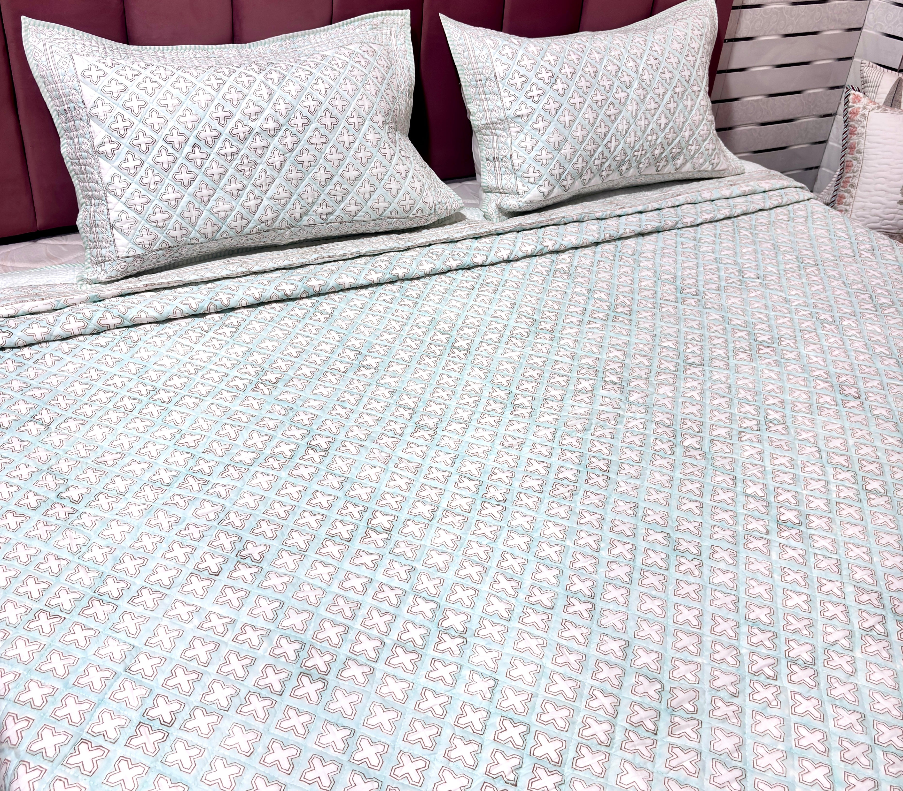 White Aqua Blue & Pink Geometric Quilted Bedcover | Cotton Bedspread | Hand Block Printed Handmade Bed Cover | Lightweight Bedding