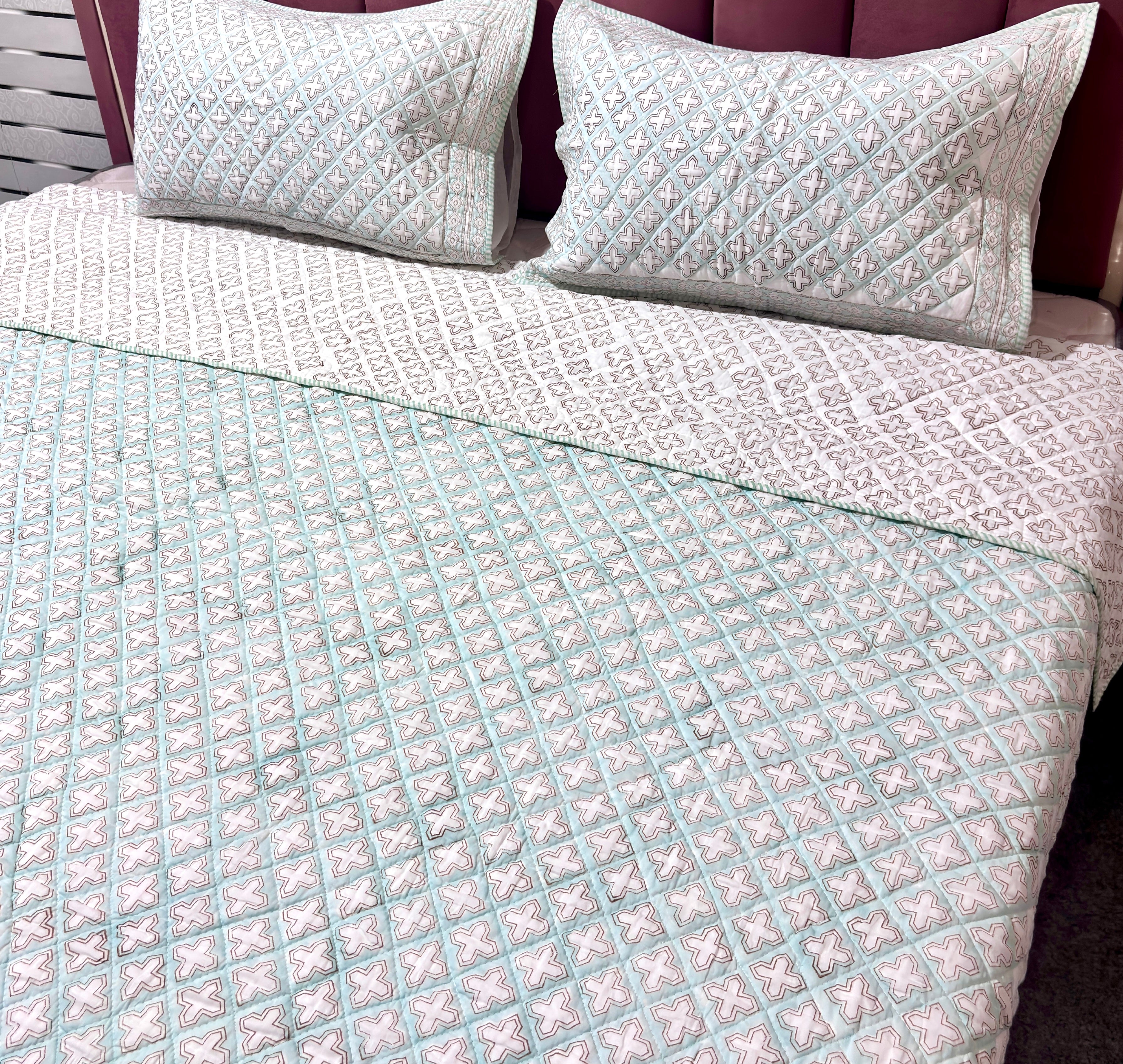 White Aqua Blue & Pink Geometric Quilted Bedcover | Cotton Bedspread | Hand Block Printed Handmade Bed Cover | Lightweight Bedding