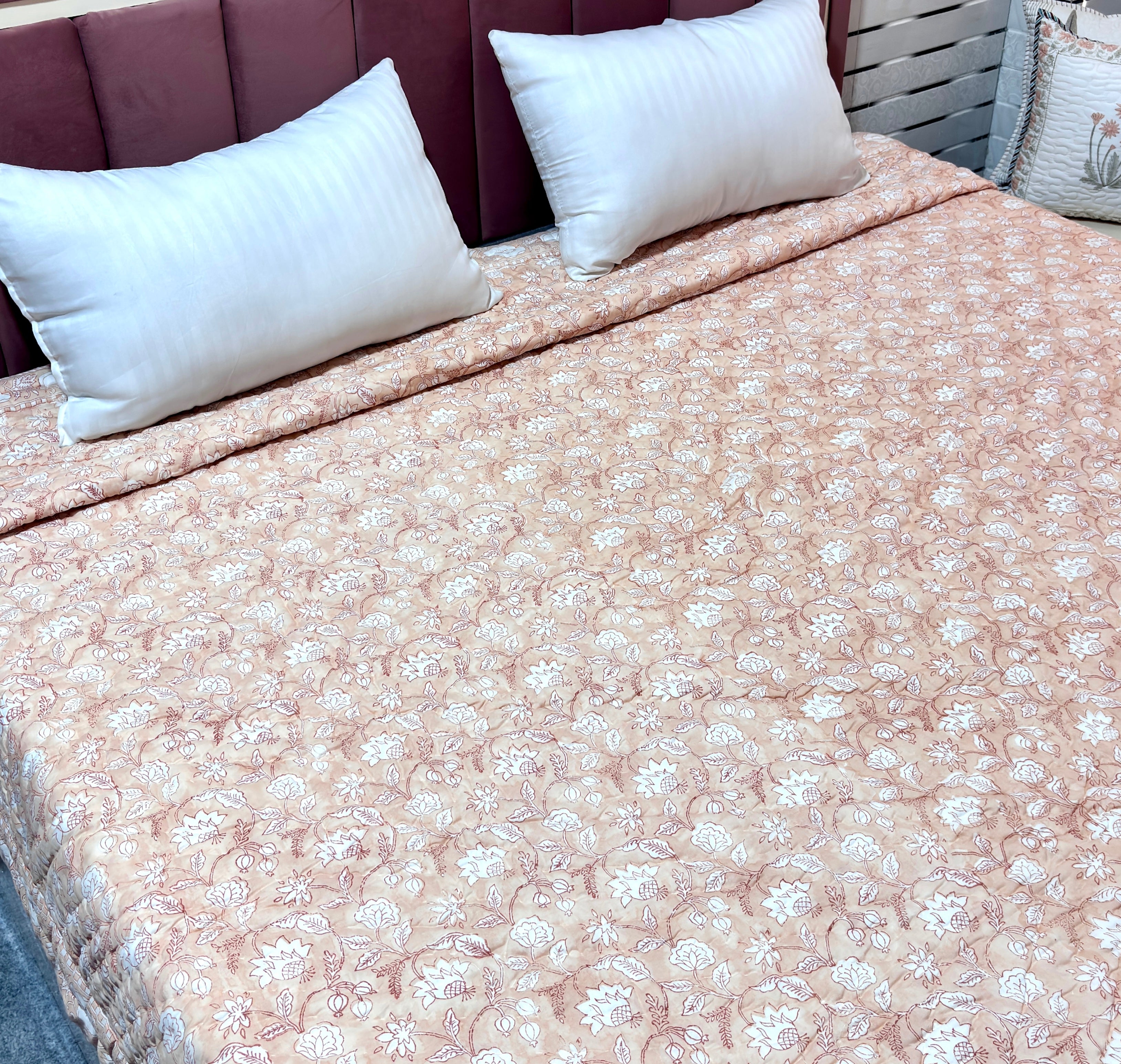 Peach Floral Cotton Quilt | Hand Block Printed Flower Quilt | Soft Indian Cotton Bedspread | Handmade Bedding