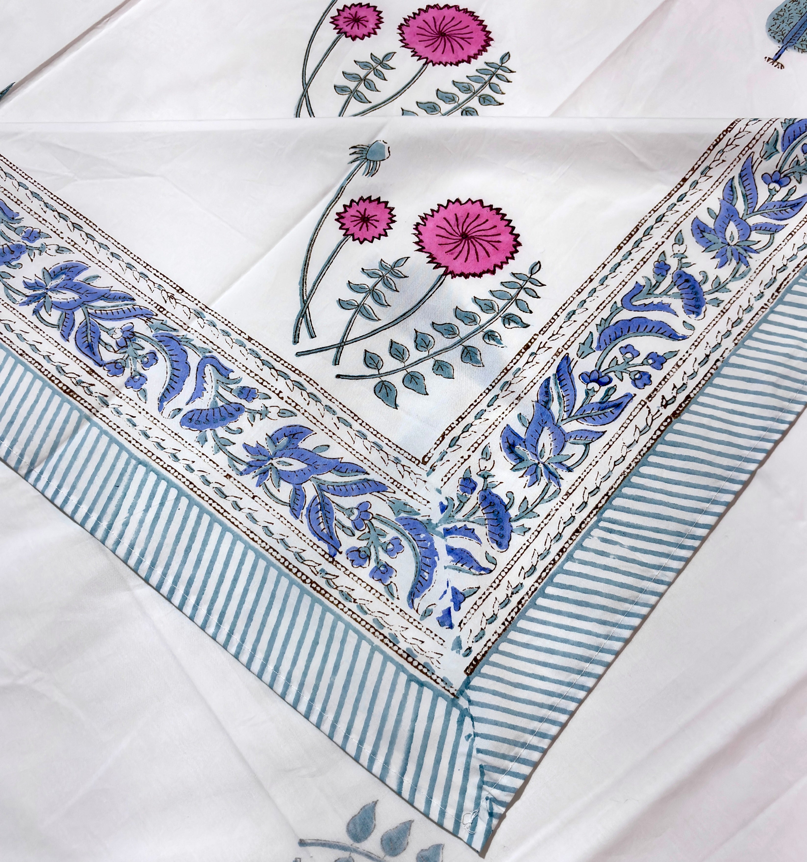 Blue Pink Floral Print Cotton Bedsheet | Hand Block Printed Double Bed Sheet | White Botanical Bedsheet | 108 x 108 Inch