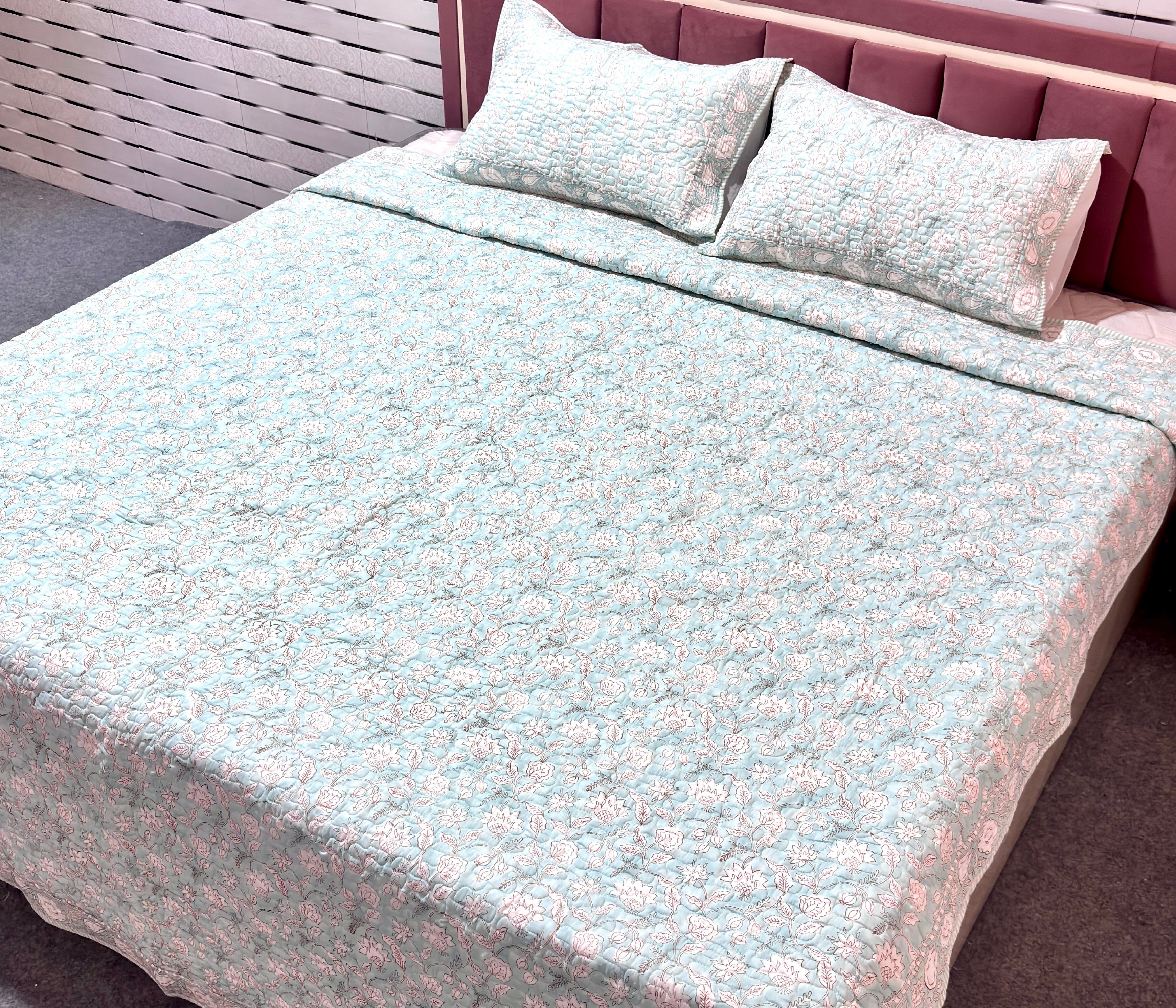 Hand Block Print Cotton Bedcover | Light Blue Floral Quilt | Reversible Jaipuri Bedspread | Handmade Cotton Bedding | Queen Bed Cover