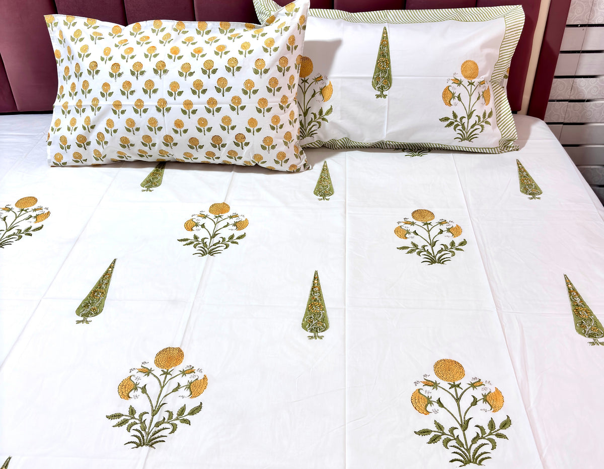 Hand Block Print Cotton Bedsheet Set, White Floral Bedding, Indian Block Printed Sheet with Matching Pillow Covers, Boho Home Decor
