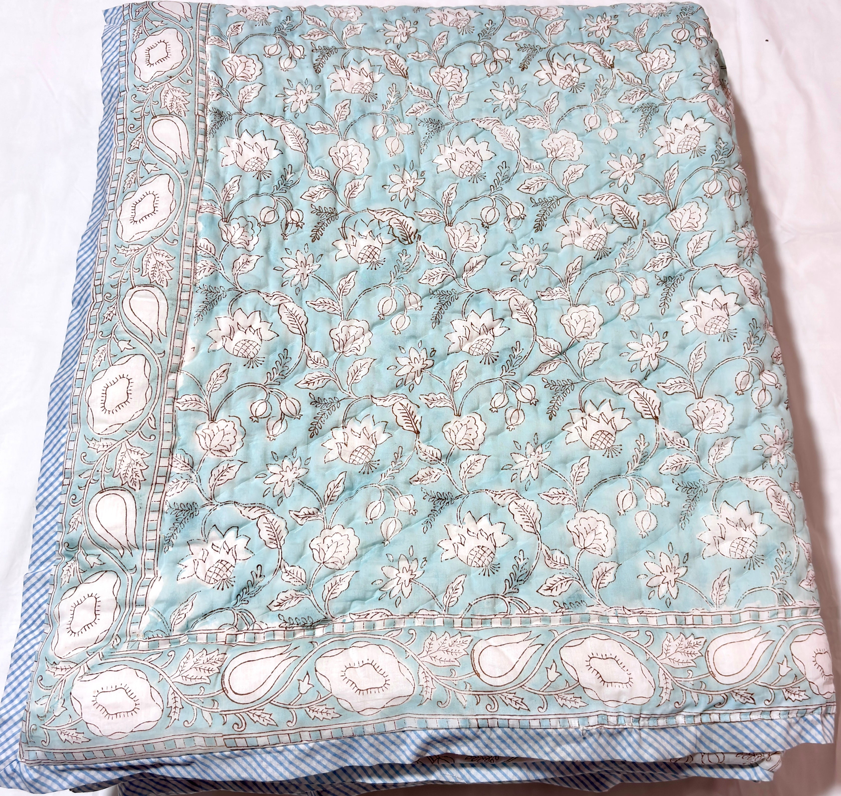 Floral Blue Cotton Quilt | Reversible Pink Flower Quilt | Hand Block Printed Indian Cotton Bedspread | Handmade Bedding
