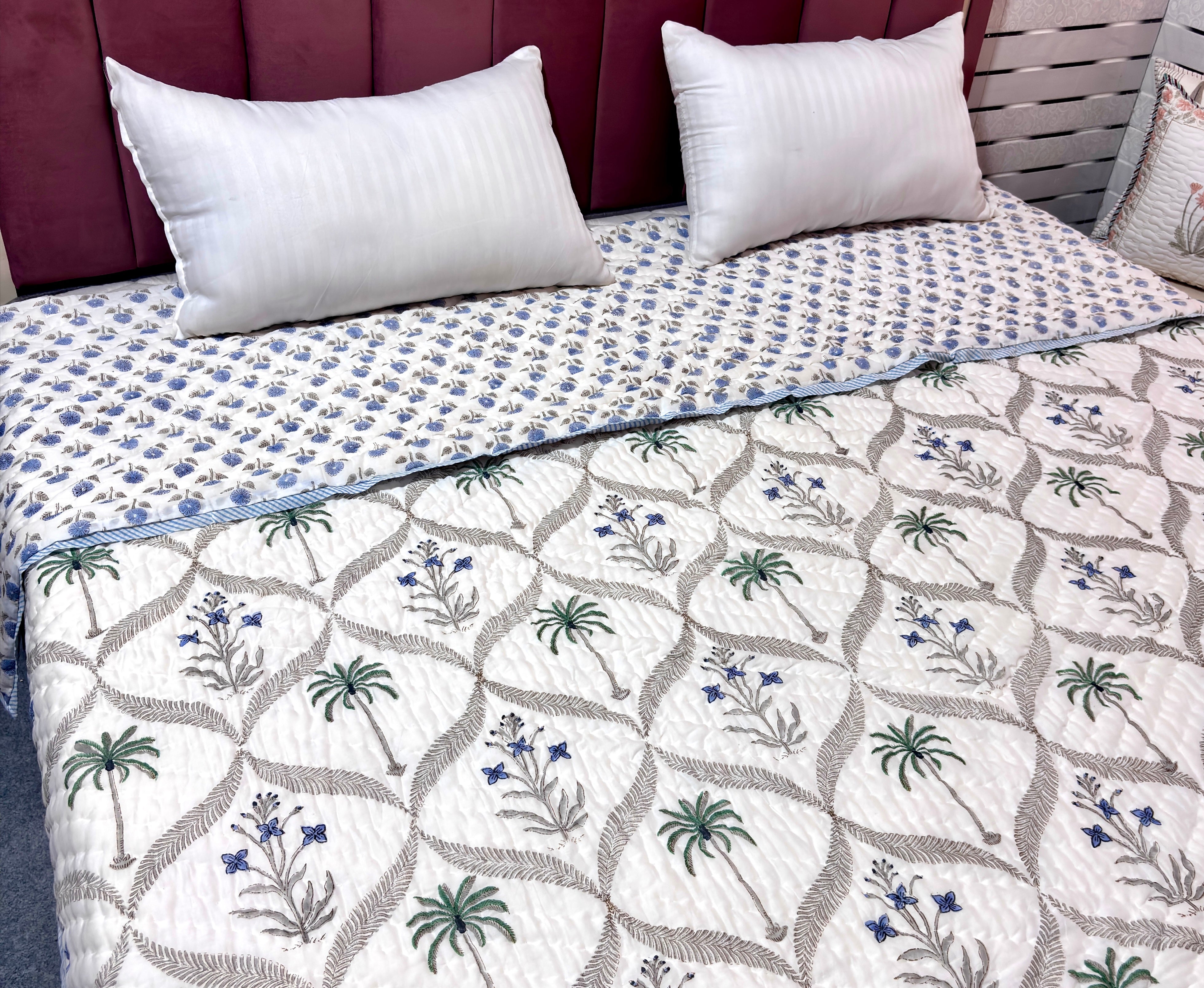 Blue Floral Cotton Quilt | Reversible Hand Block Printed Quilt | Palm Tree & Floral Quilted Bedspread | Lightweight Summer Bedding