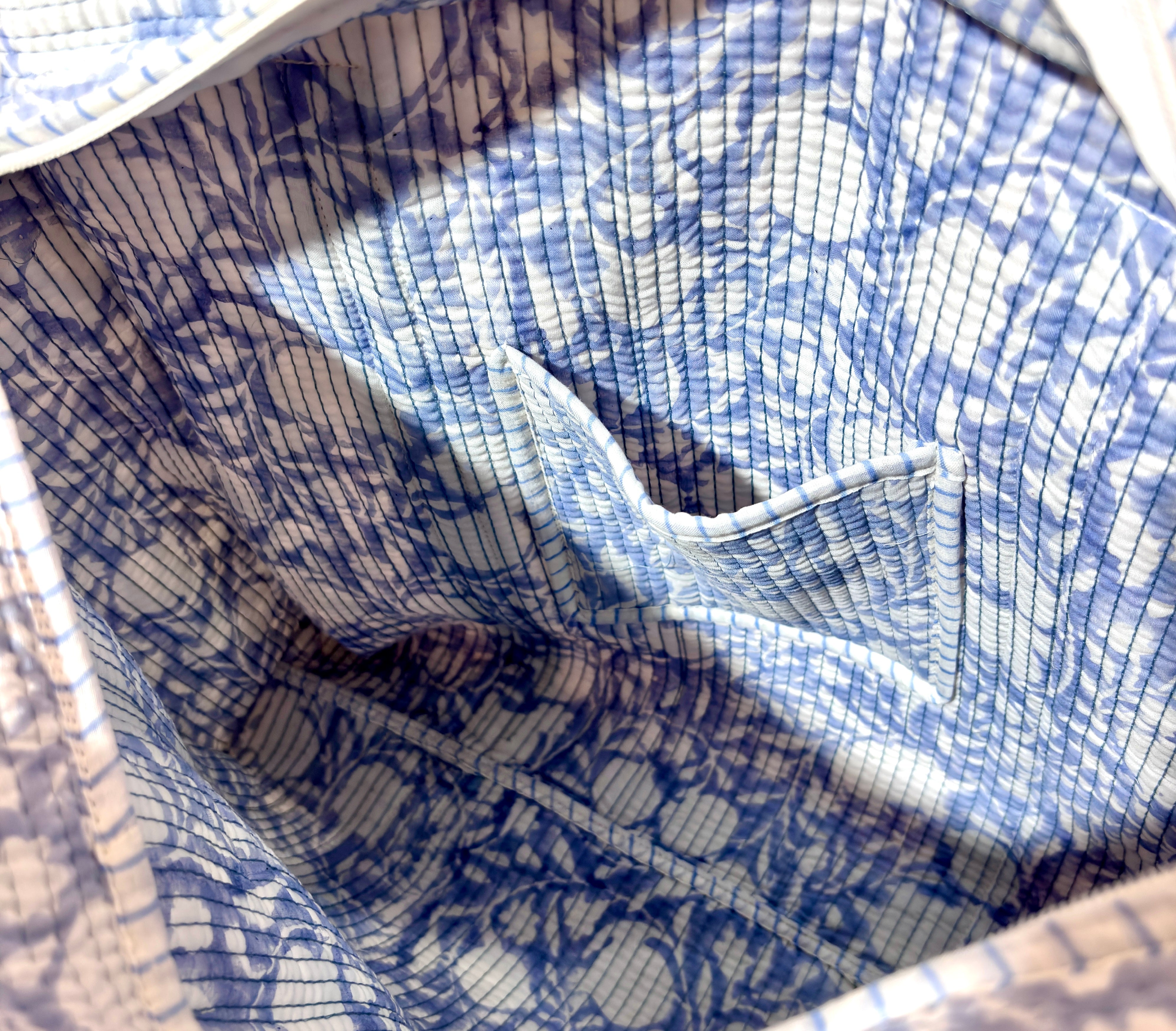 Blue Floral Quilted Tote Bag, Handmade Cotton Handbag, Indian Block Print Shoulder Bag, Reusable Shopping Tote, Beach Bag