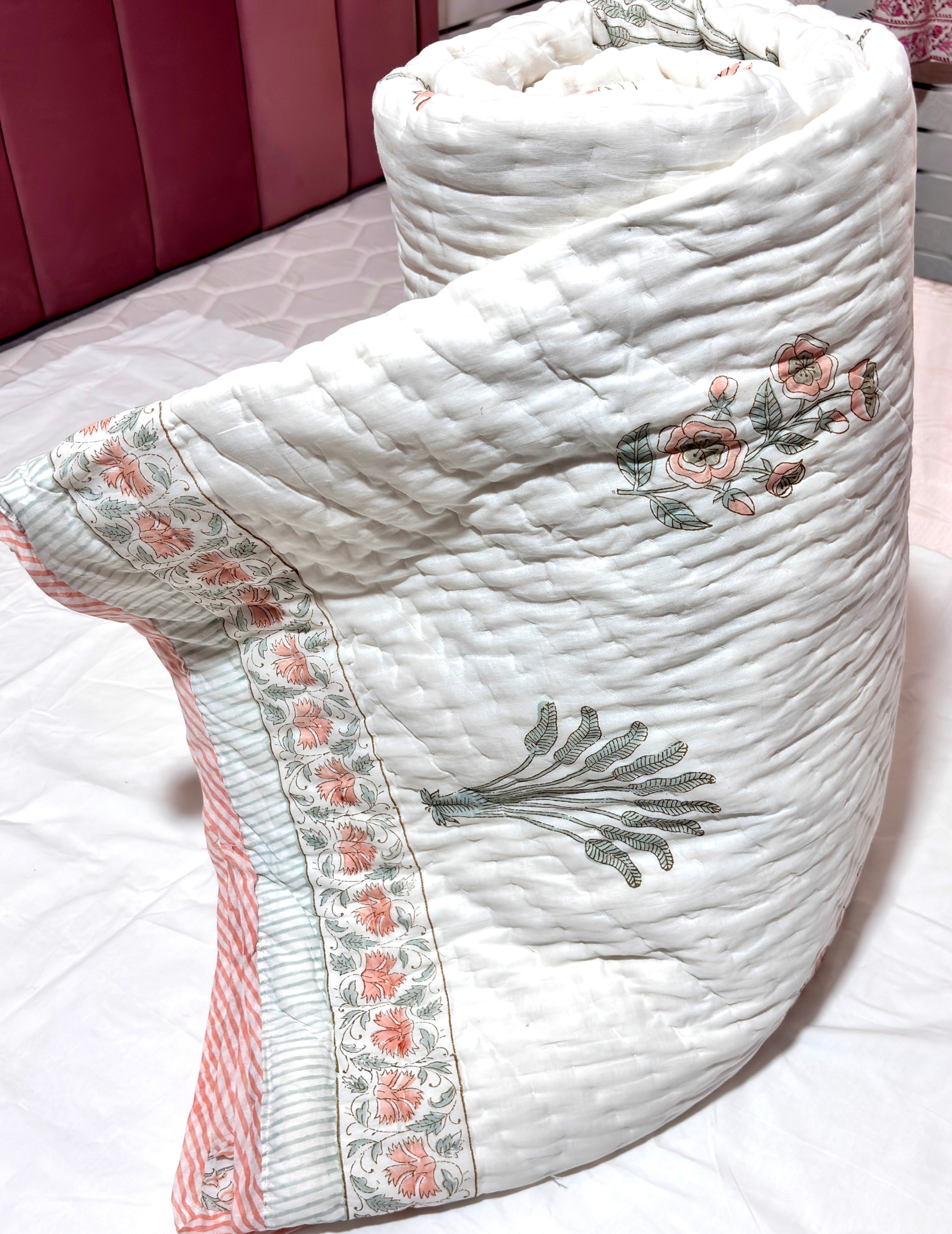 Floral Hand Block Printed Cotton Quilt | White Peach Flower Bed Quilt | Handmade Indian Cotton Bedspread
