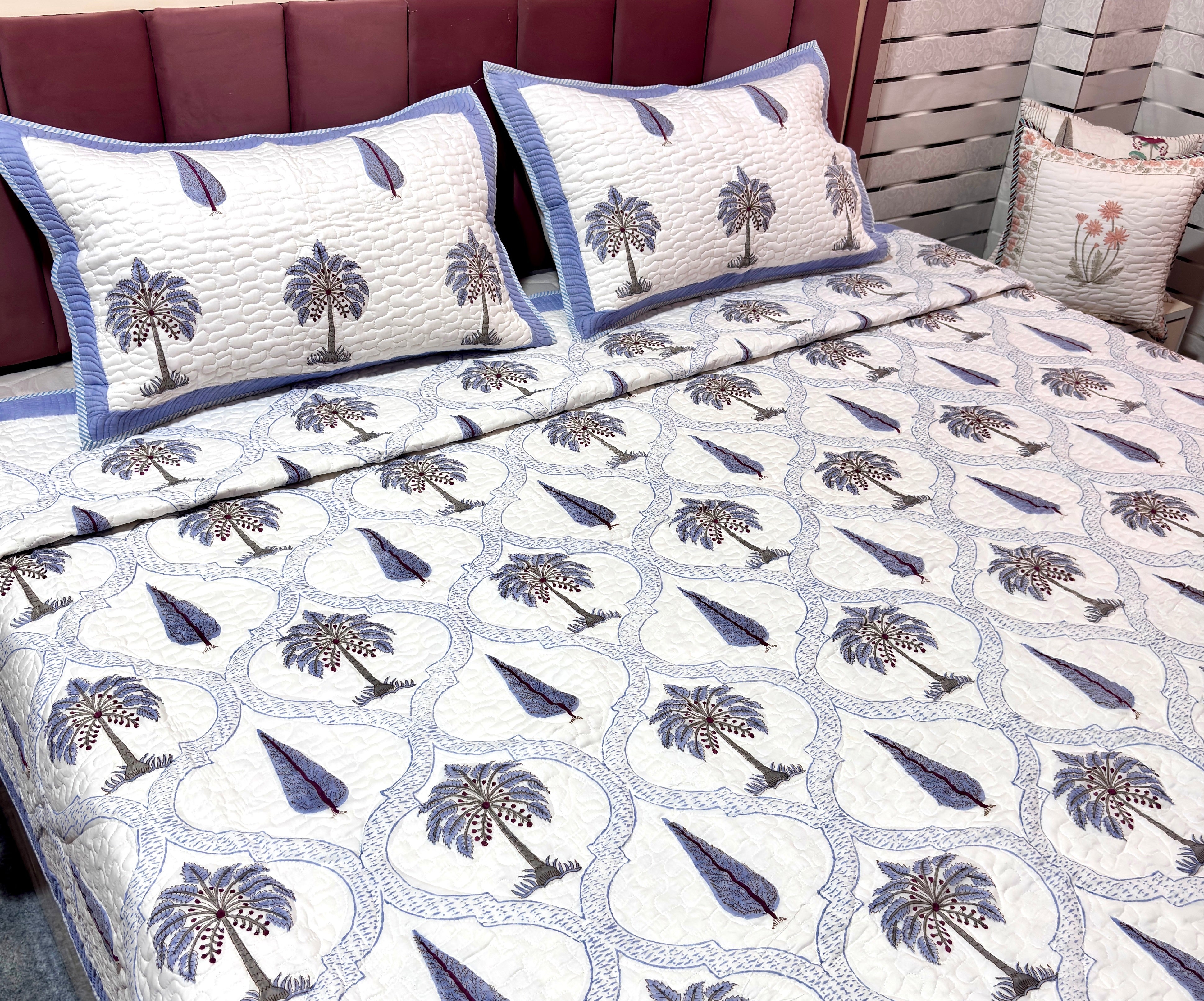 White Blue Palm Tree Quilted Bedcover | Cotton Bedspread | Hand Block Printed Handmade Bed Cover | Paisley Floral Bedding