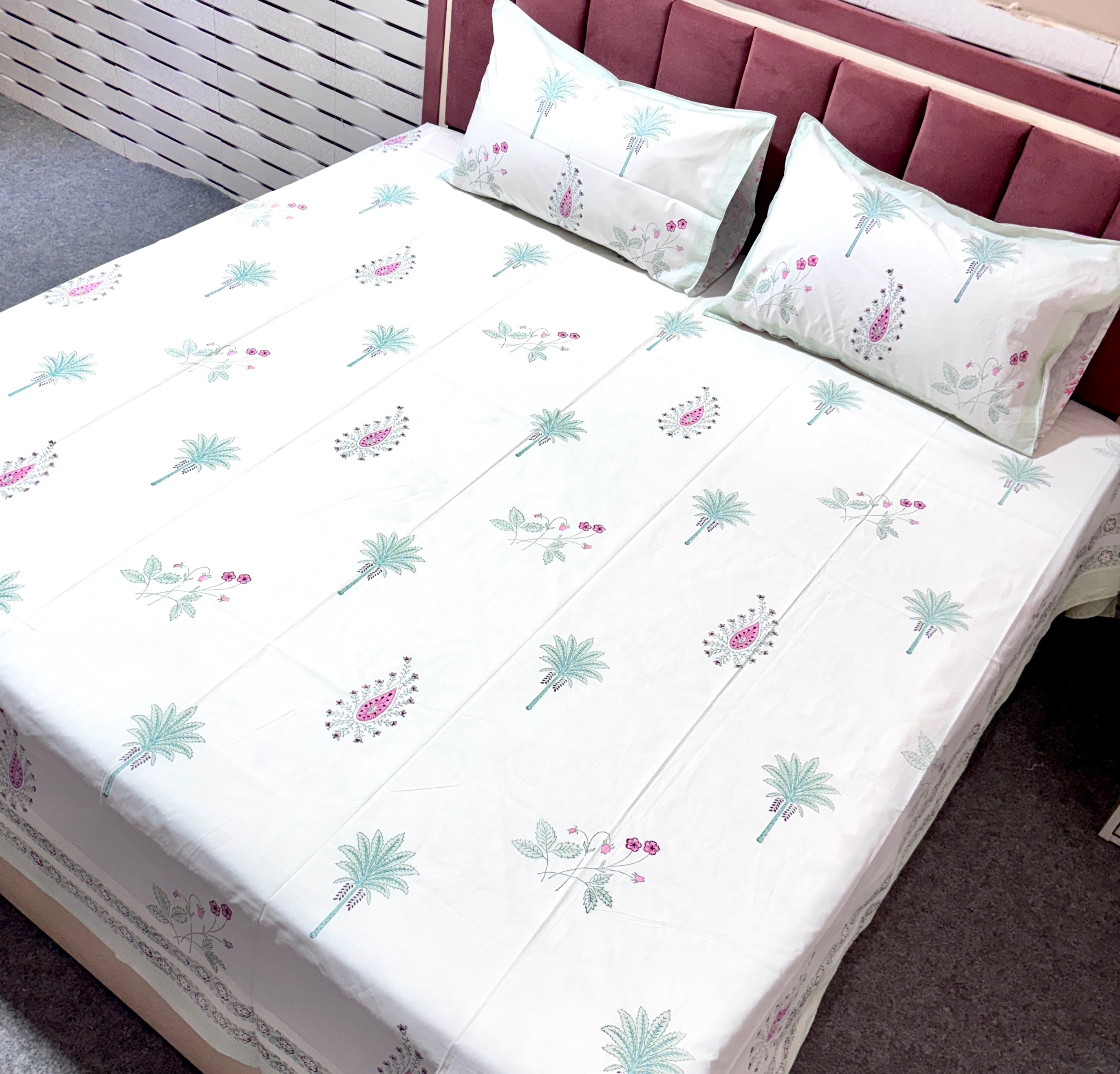 Hand Block Printed Cotton Bedsheet | Palm Tree & Paisley Print Bedsheet with Pillow Covers | Handmade Jaipur Double Bedsheet