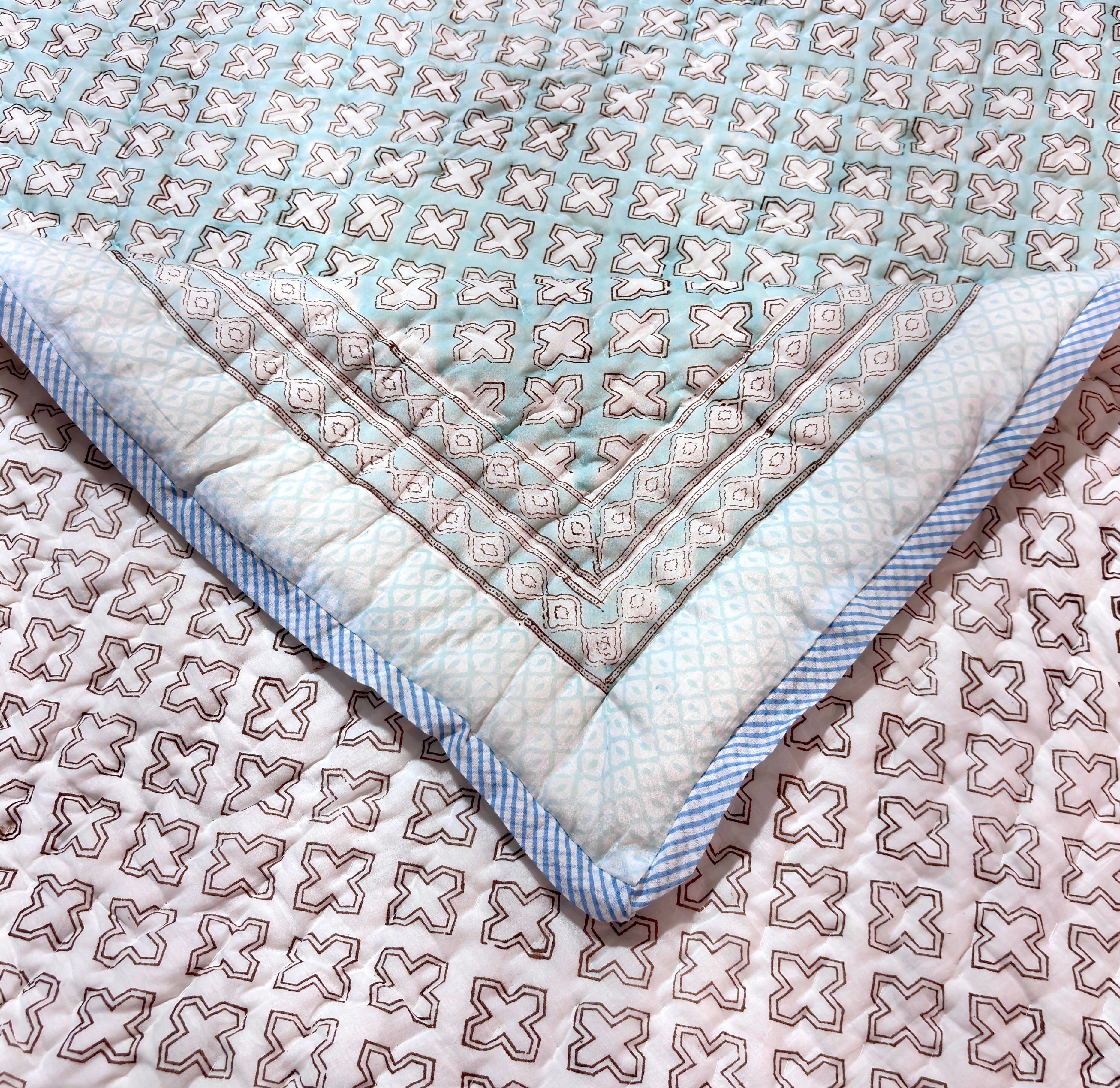 Aqua Blue & White Cotton Quilt | Reversible Quilted Bedspread | Lightweight Printed Quilt | Soft Cotton Bedding