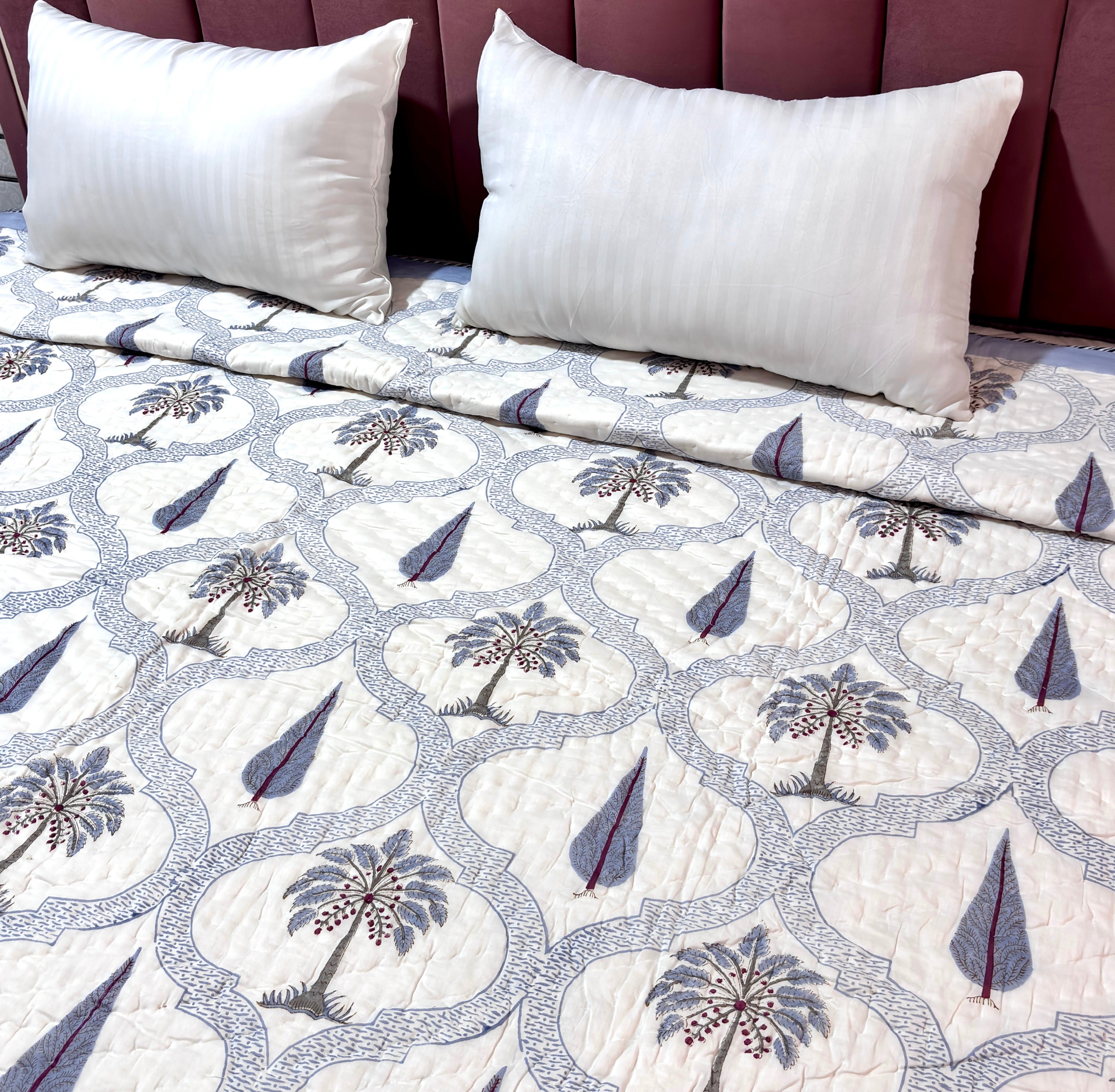 White Blue Floral Cotton Quilt | Printed Reversible Bedspread | Queen Size