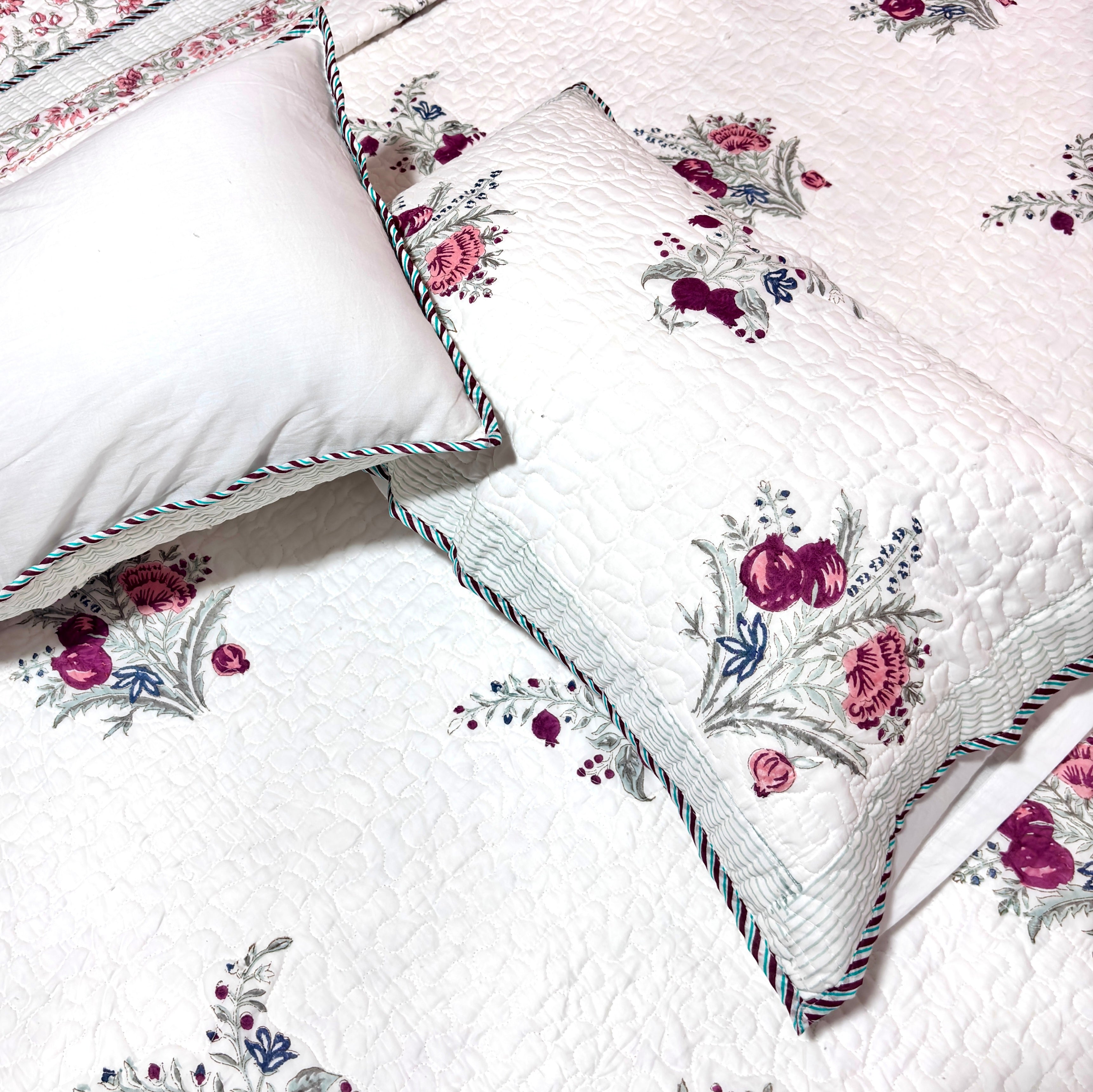 Hand Block Printed Cotton Bedcover | White Pink Floral Bedspread | Handmade Indian Cotton Bed Cover | Queen & King Size Bedding