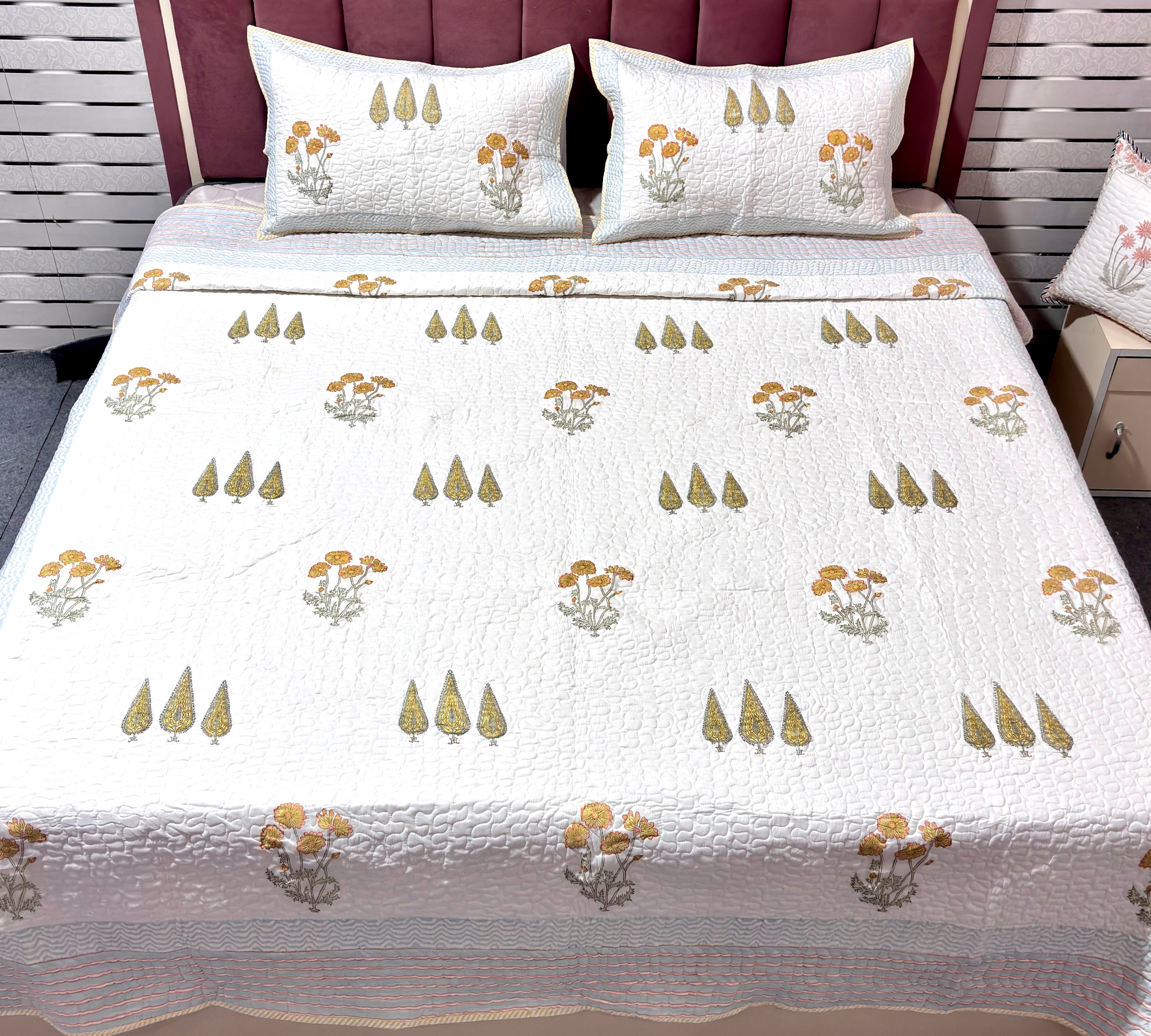 Floral Cotton Bedcover | Hand Block Printed Quilted Bedspread | Handmade Cotton Bed Cover | Floral Bedding