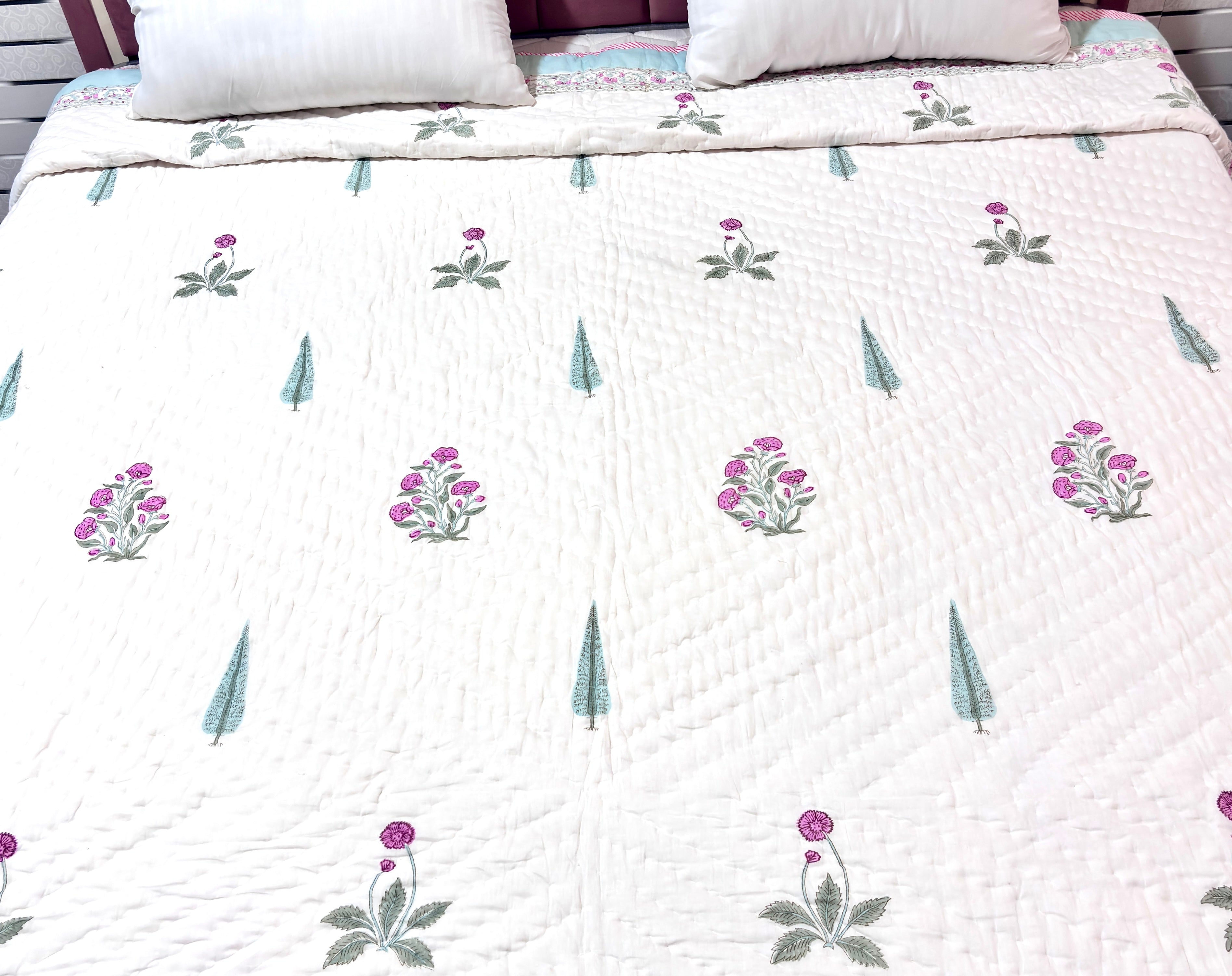 Floral Cotton Quilt | Quilted Bedspread | Hand Block Printed Handmade Quilt | Soft Lightweight Summer Beddin
