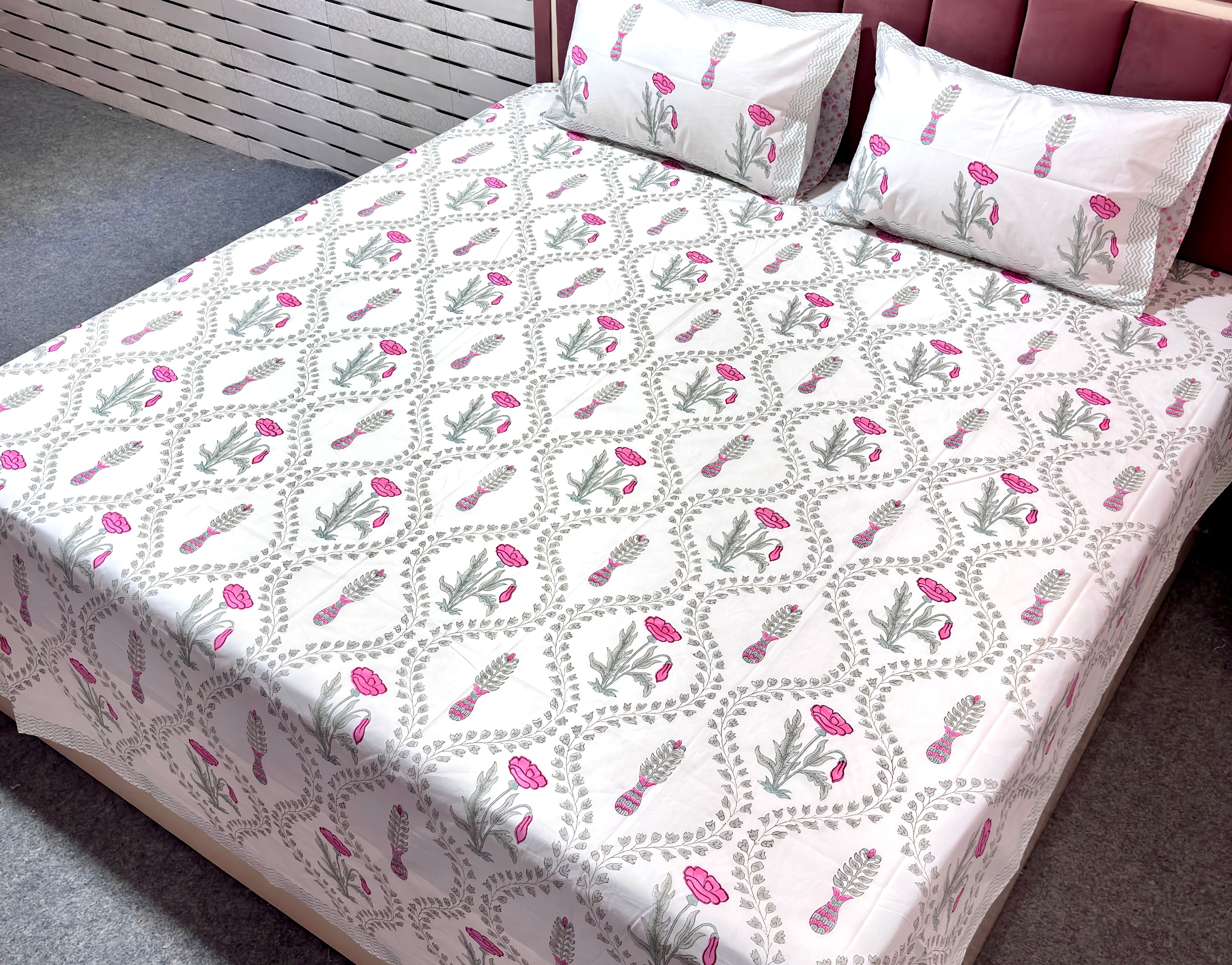 Hand Block Printed Cotton Bedsheet | Floral Pink & Grey Double Bedsheet | 108 x 108 Inch