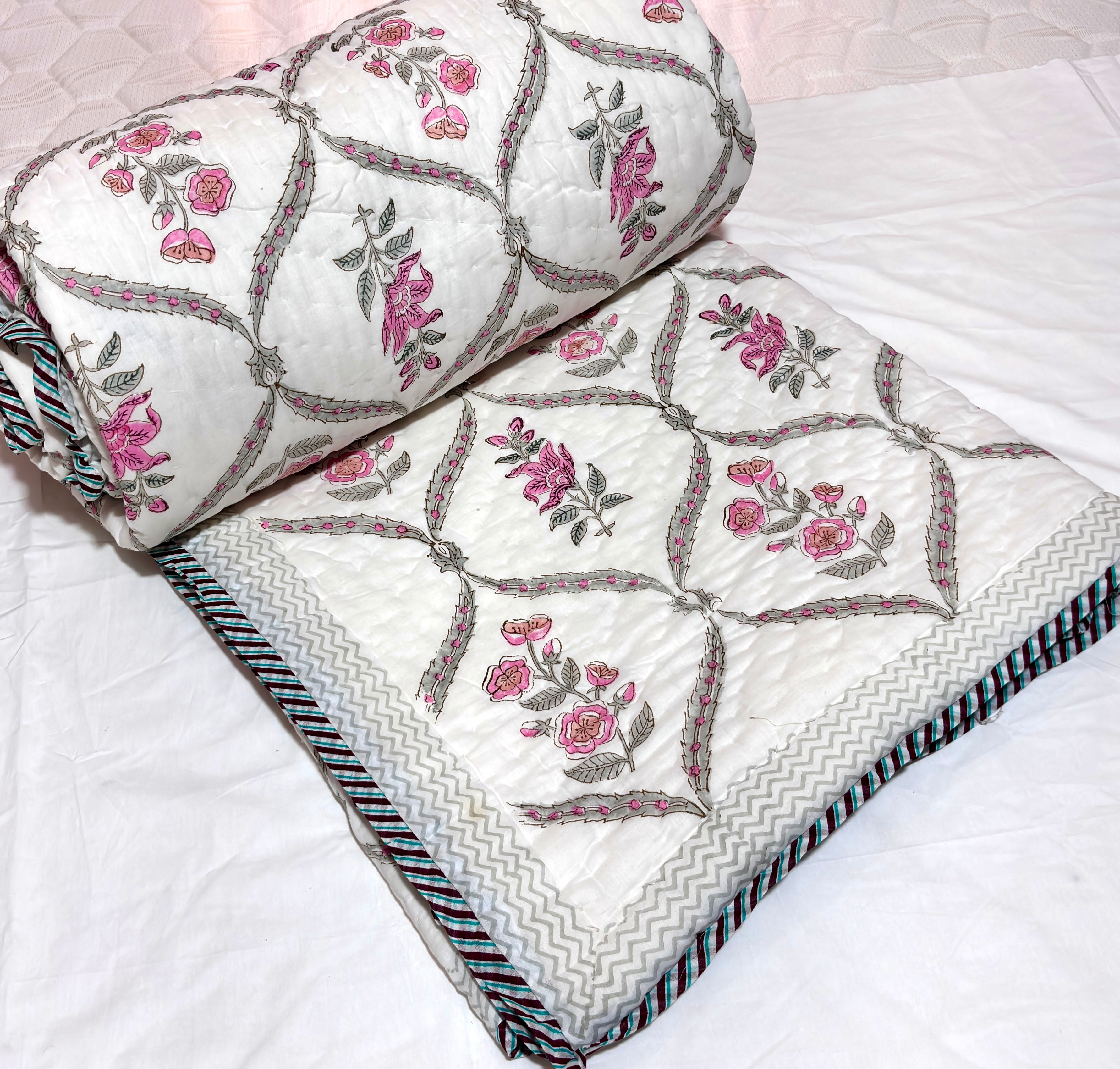 Floral Cotton Quilt | Pink Rose & Leaf Printed Bed Quilt | Traditional Indian Cotton Bedspread | Handmade Bedding