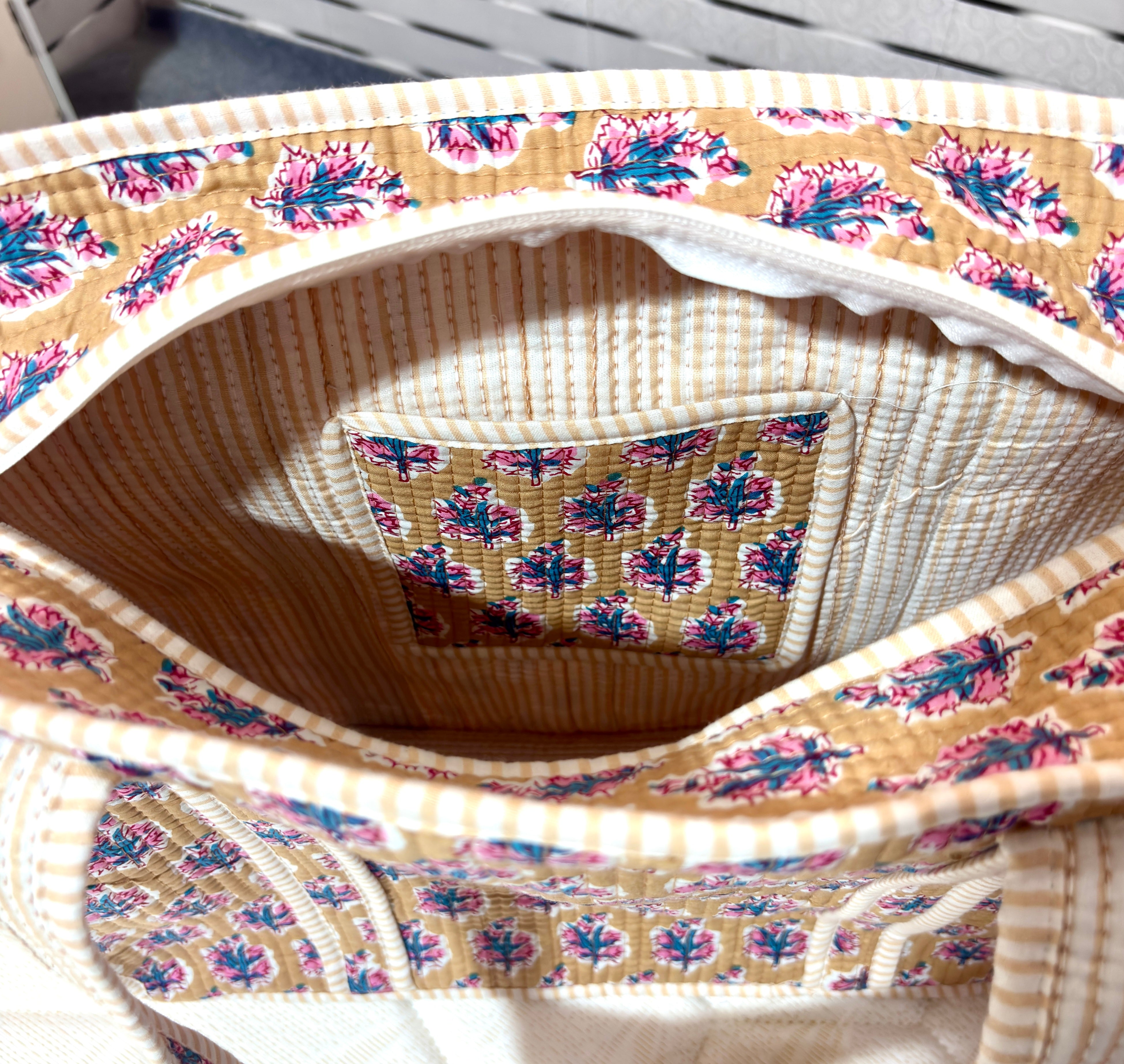 Blue Floral Quilted Cotton Tote Bag for Women | Handmade Block Print Shoulder Bag | Large Reusable Shopping, Office & Travel Tote