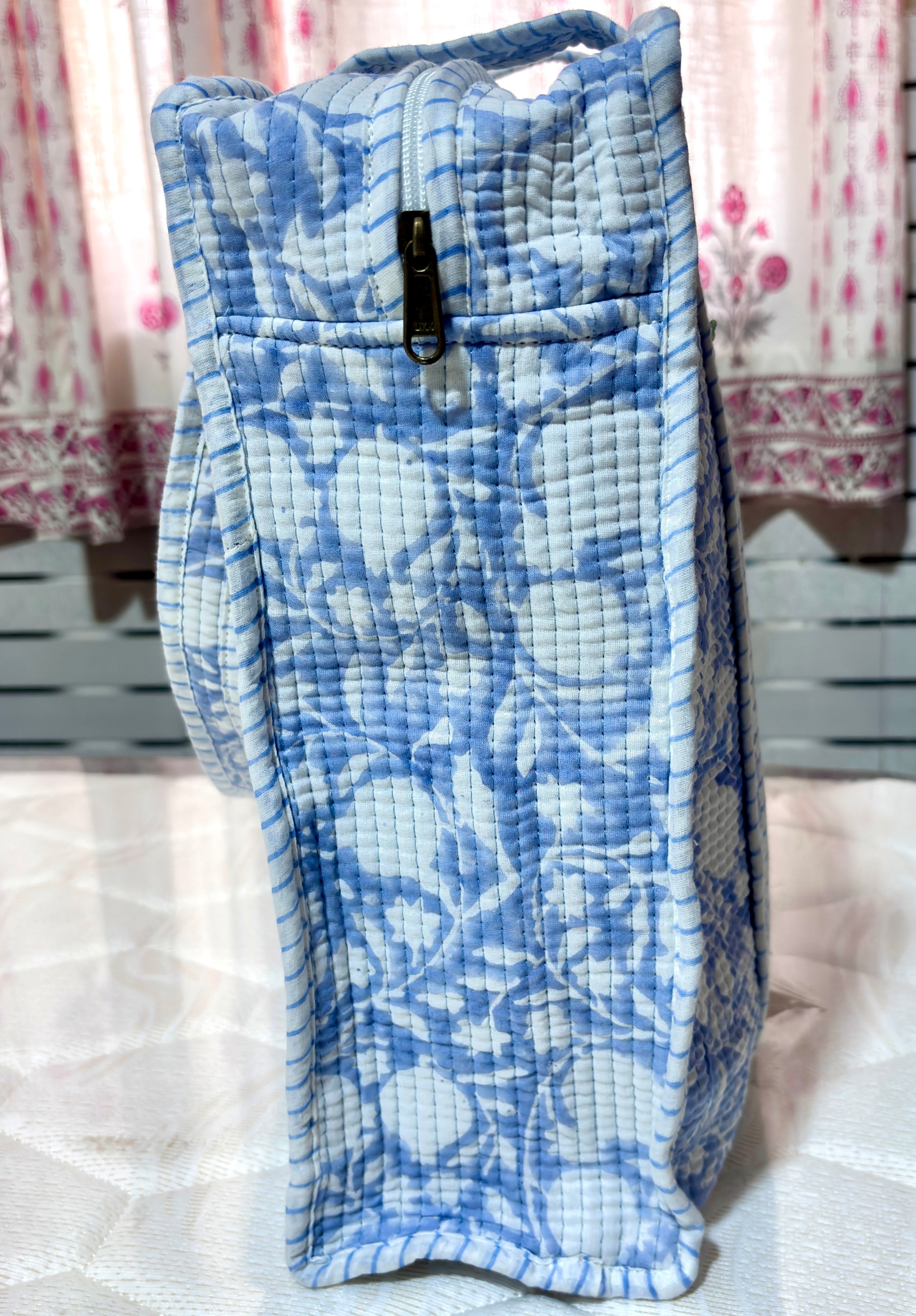 Blue Floral Quilted Tote Bag, Handmade Cotton Handbag, Indian Block Print Shoulder Bag, Reusable Shopping Tote, Beach Bag