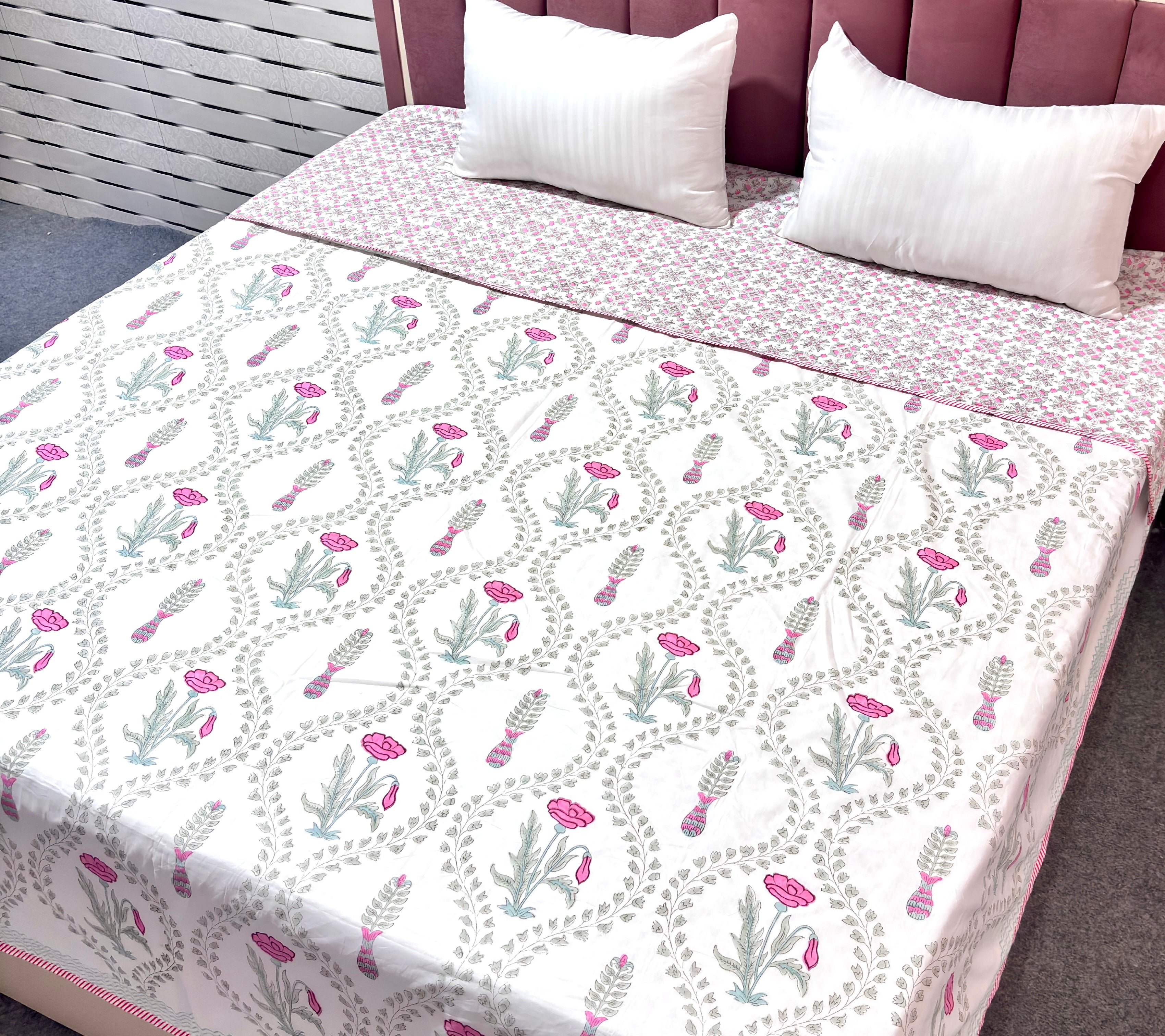 White Pink Green Floral Cotton Dohar | Paisley Printed Summer Dohar | Hand Block Printed Jaipuri Dohar | Soft Lightweight AC Blanket