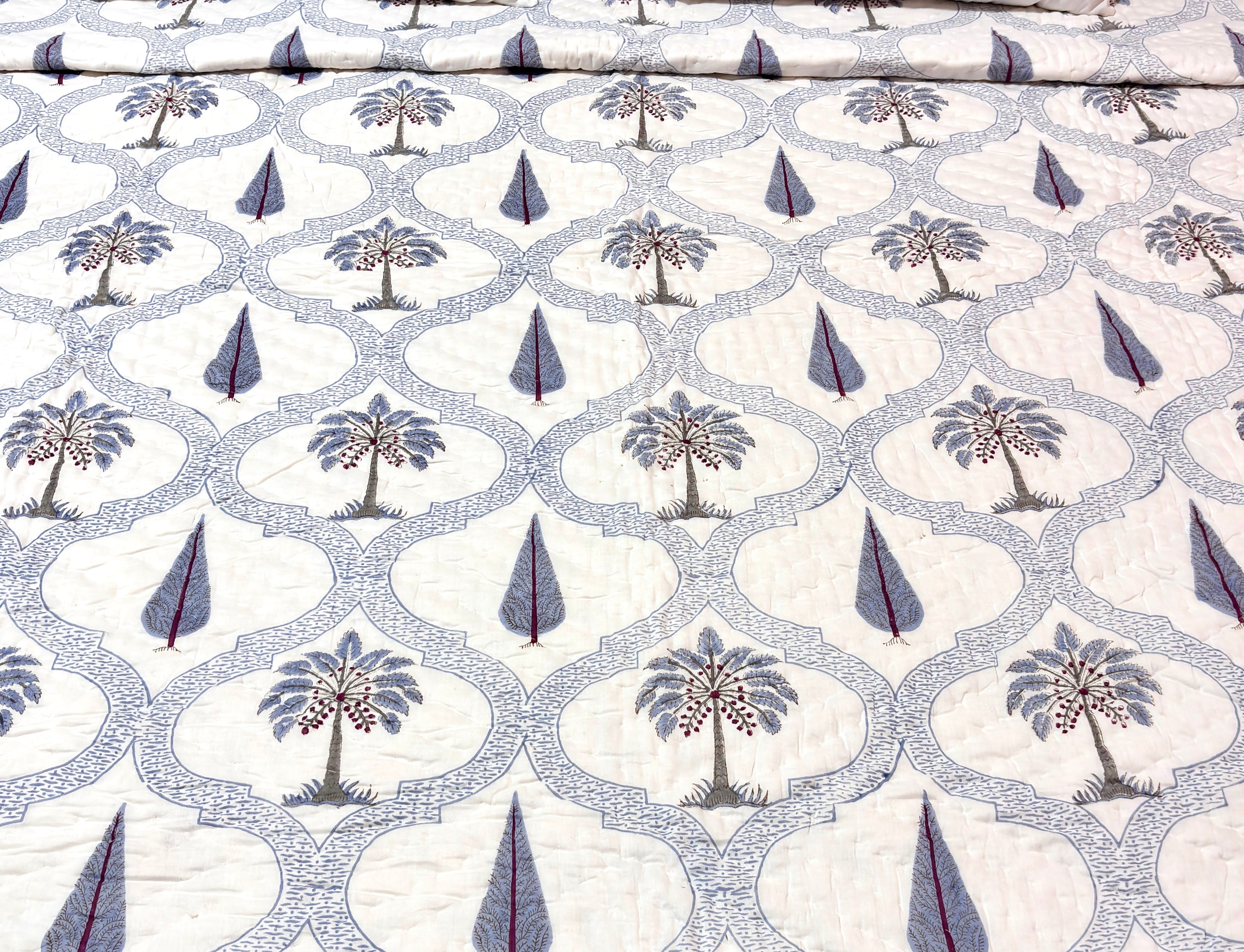 White Blue Floral Cotton Quilt | Printed Reversible Bedspread | Queen Size