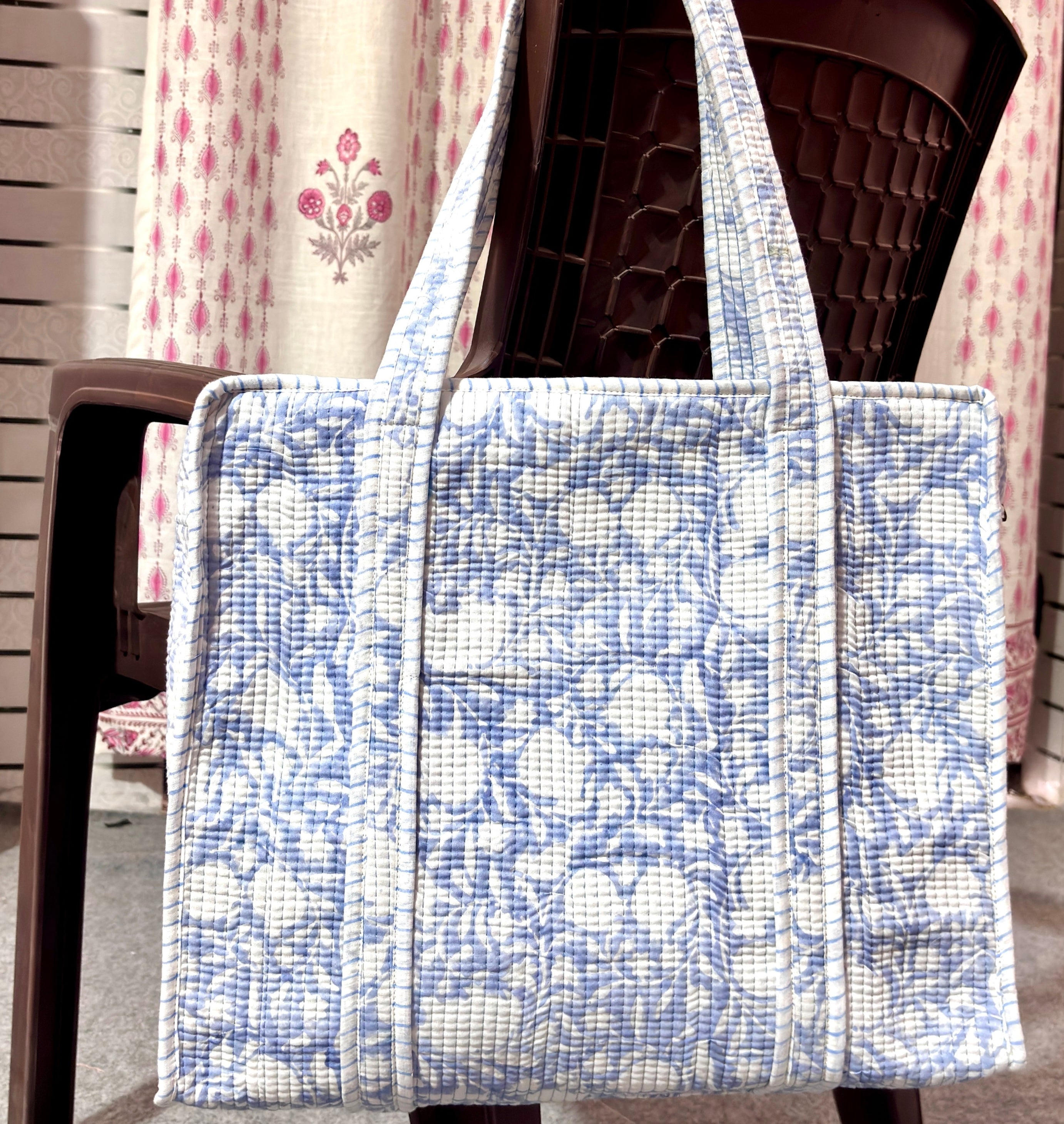 Blue Floral Quilted Tote Bag, Handmade Cotton Handbag, Indian Block Print Shoulder Bag, Reusable Shopping Tote, Beach Bag
