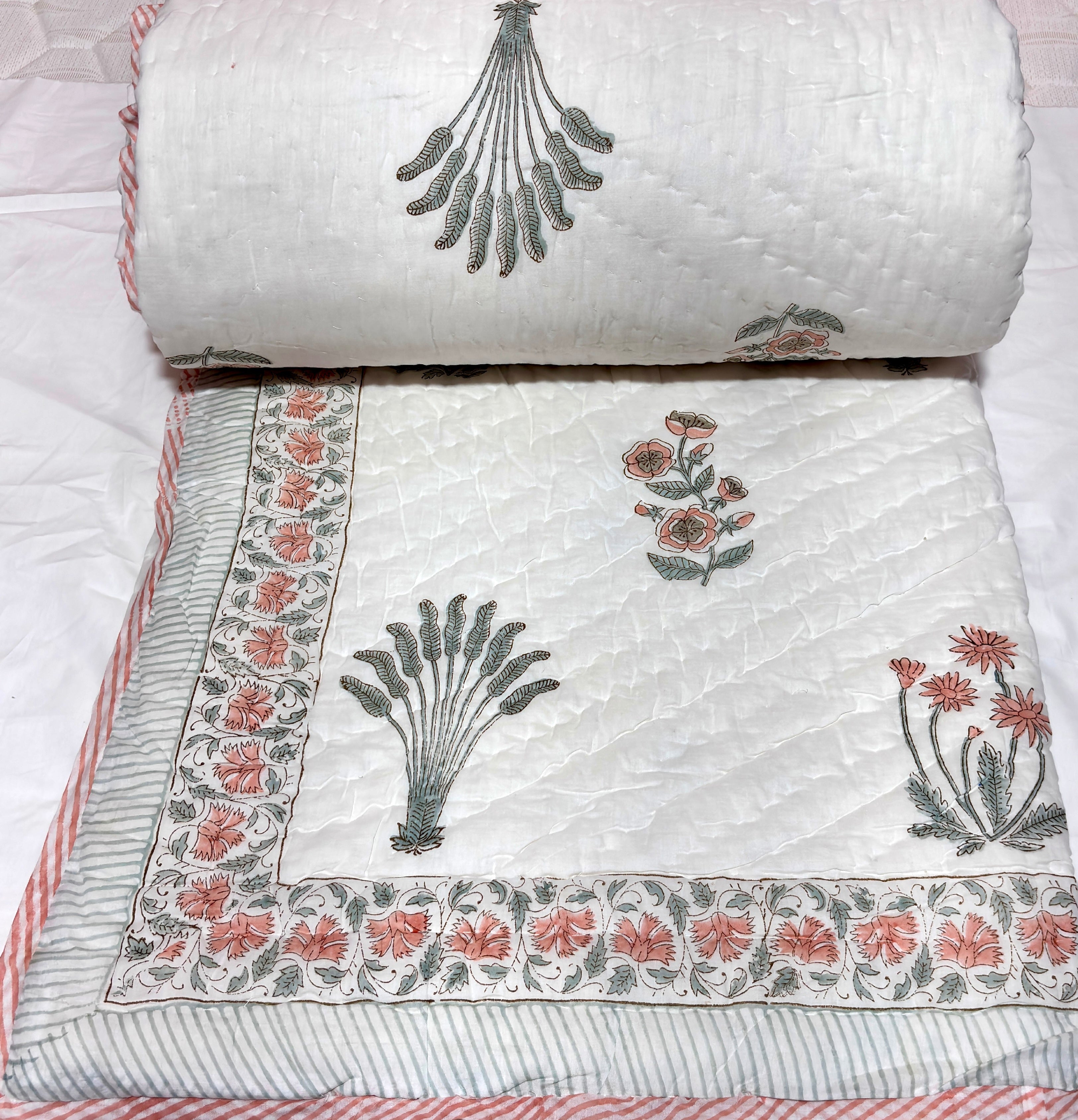 Floral Hand Block Printed Cotton Quilt | White Peach Flower Bed Quilt | Handmade Indian Cotton Bedspread