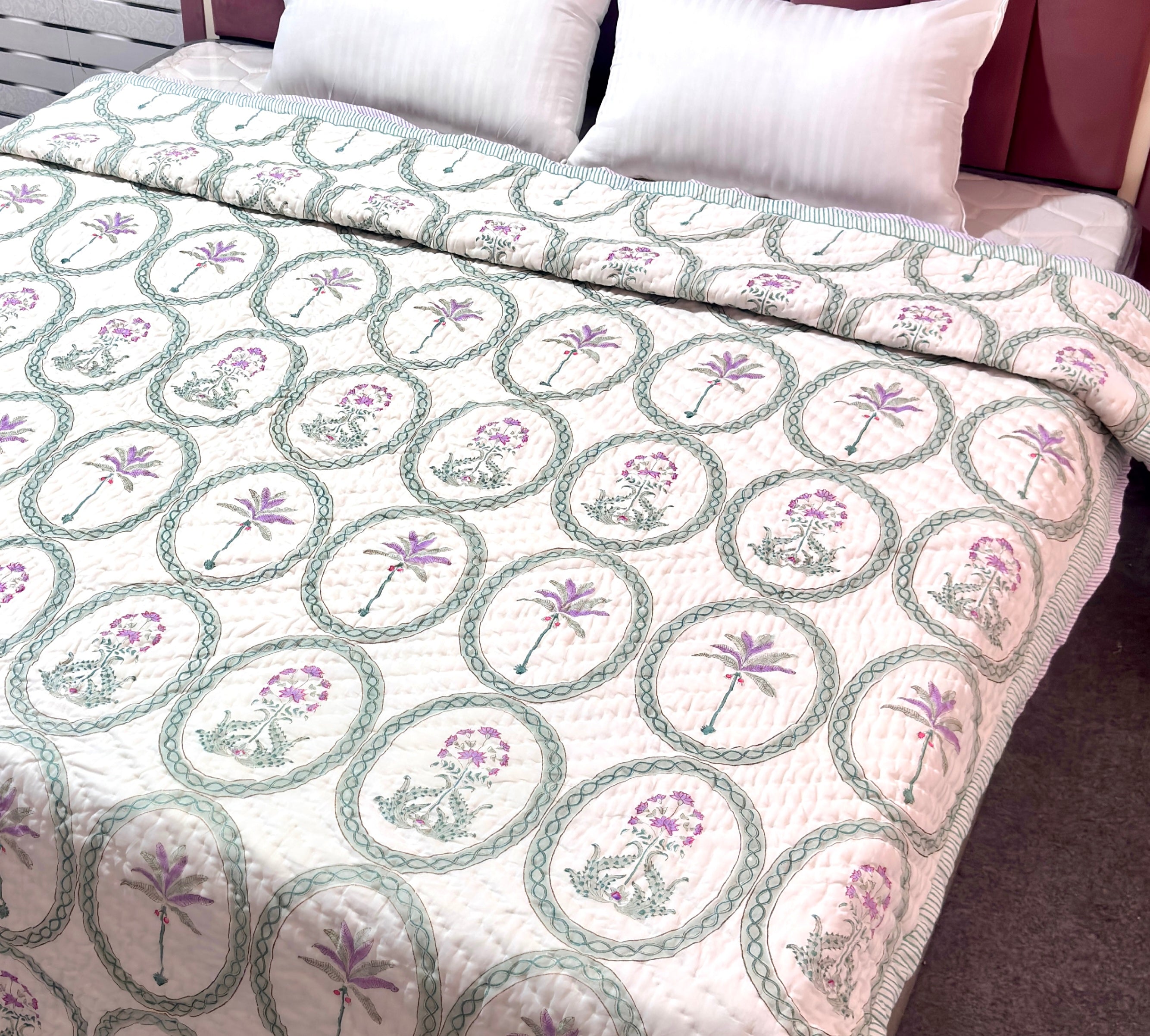 Hand Block Printed Cotton Quilt | Green Floral Medallion Reversible Bedspread | Handmade Indian Quilt | Lightweight Queen & King Size Bedding