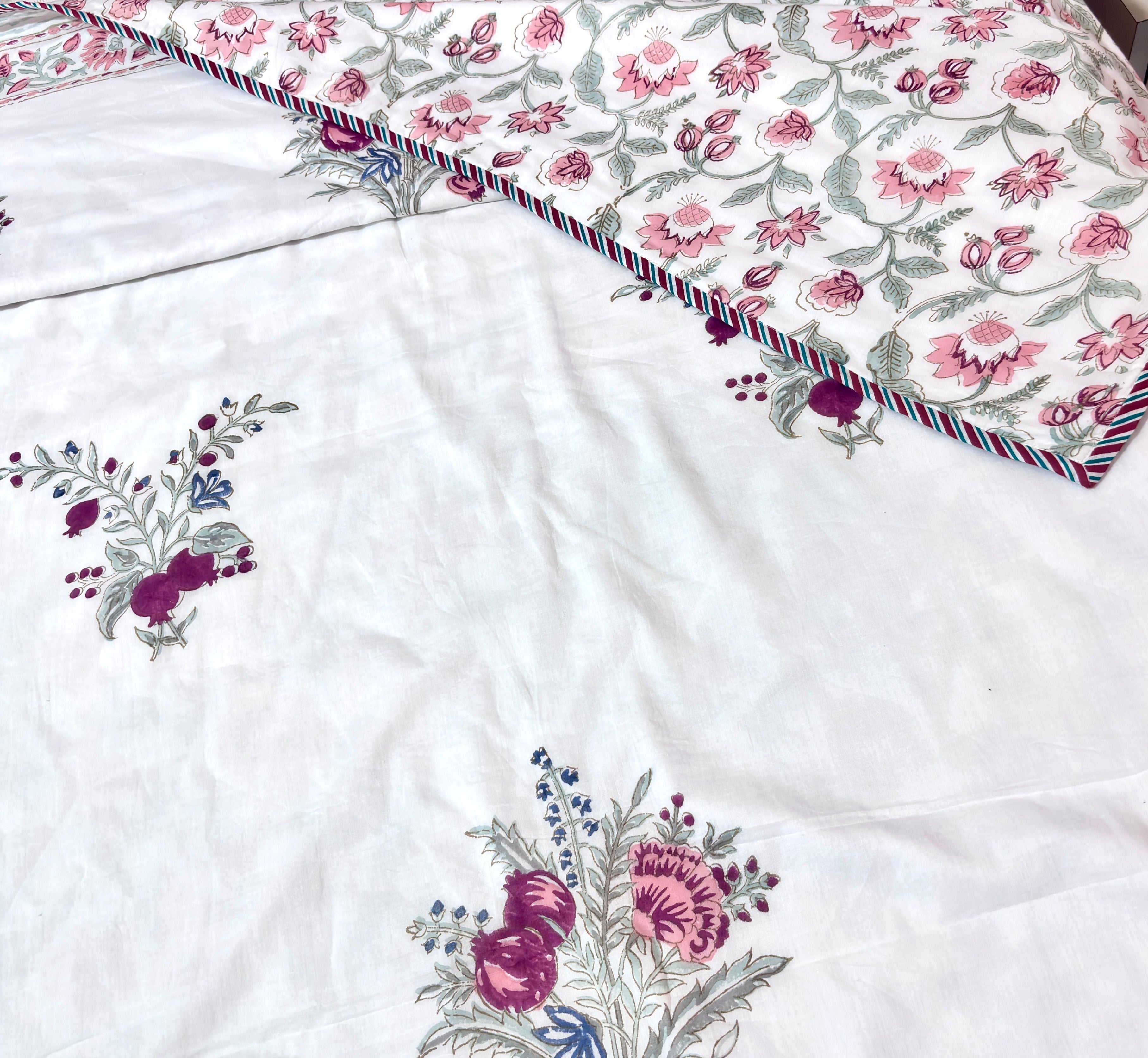 Floral Hand Block Print Cotton Dohar, Lightweight Summer Blanket, Reversible AC Dohar, Indian Cotton Throw, Handmade Bedding