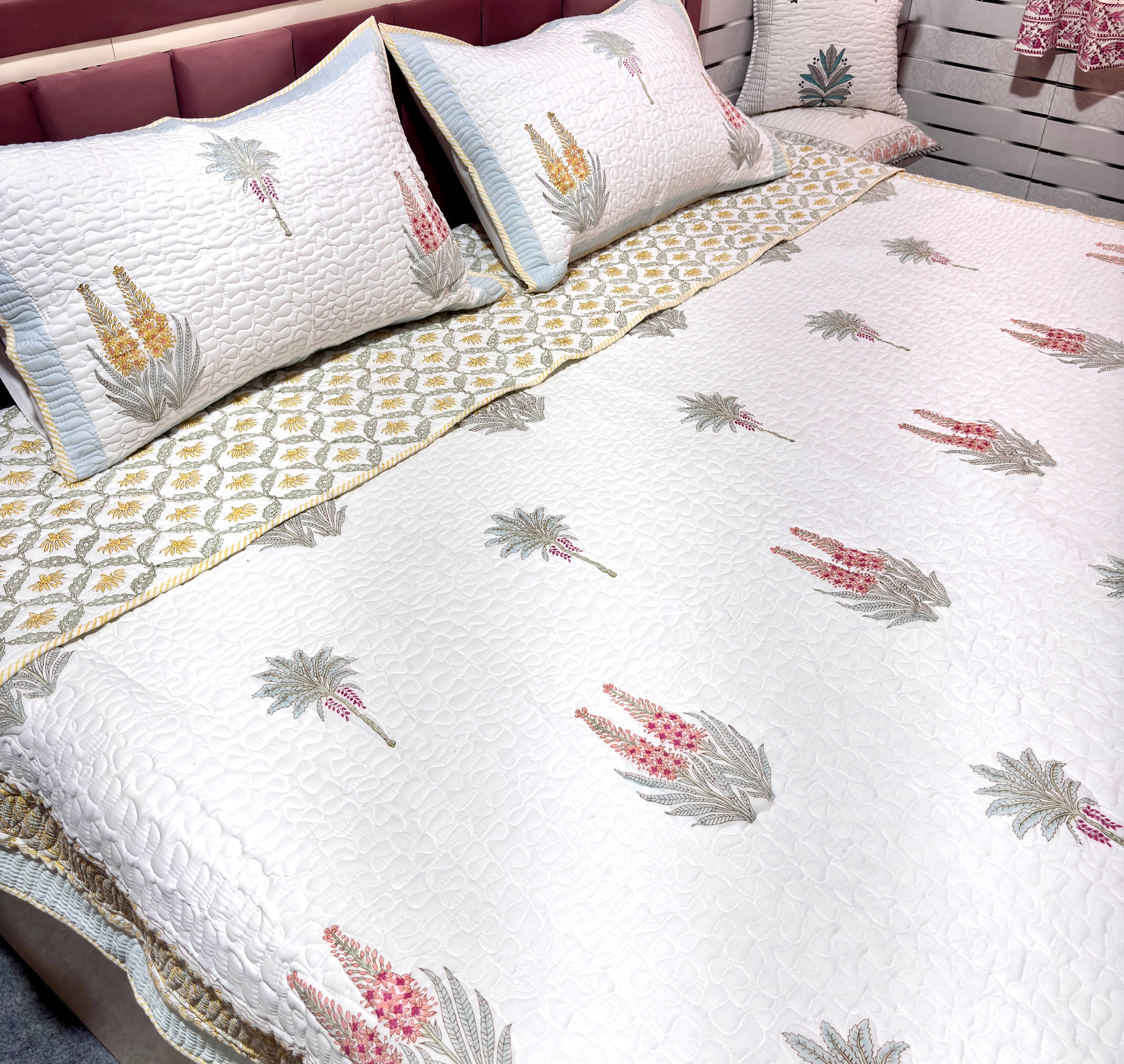 Green Kaju Handblock Reversible Quilted Bedcover Set ( lovey Base