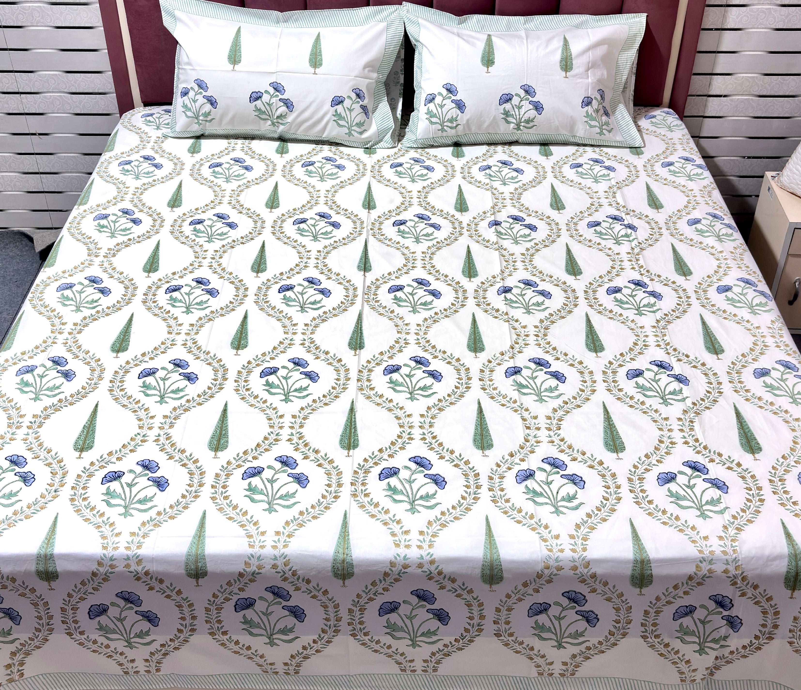 White Blue Floral Cotton Bedsheet | Green Leaf Printed Double Bed Sheet | Elegant Indian Floral Bedding |  King Size