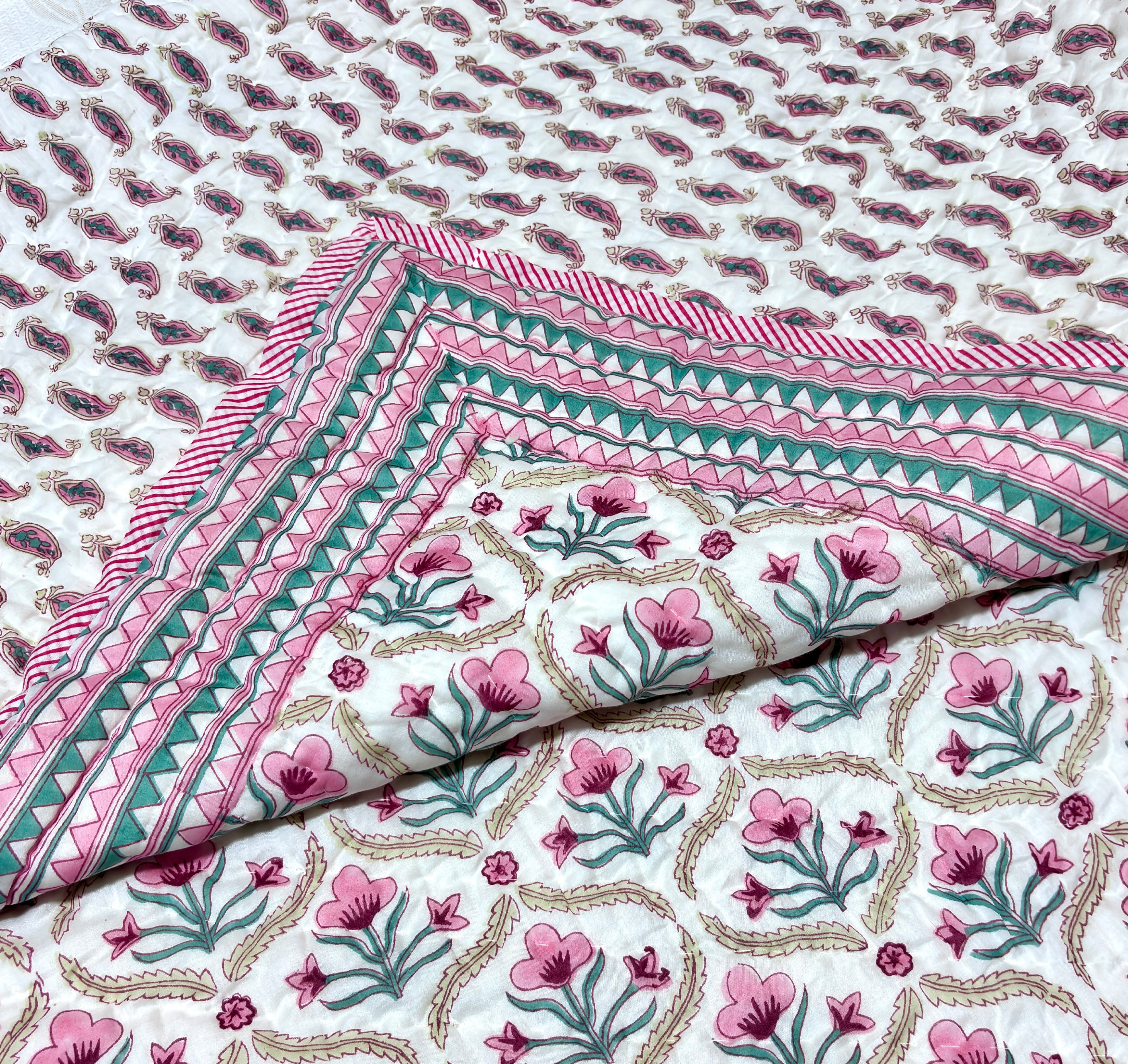 White Pink Floral Cotton Quilt | Hand Block Printed Reversible Quilt | Lightweight Summer Quilt | Handmade Cotton Bedding