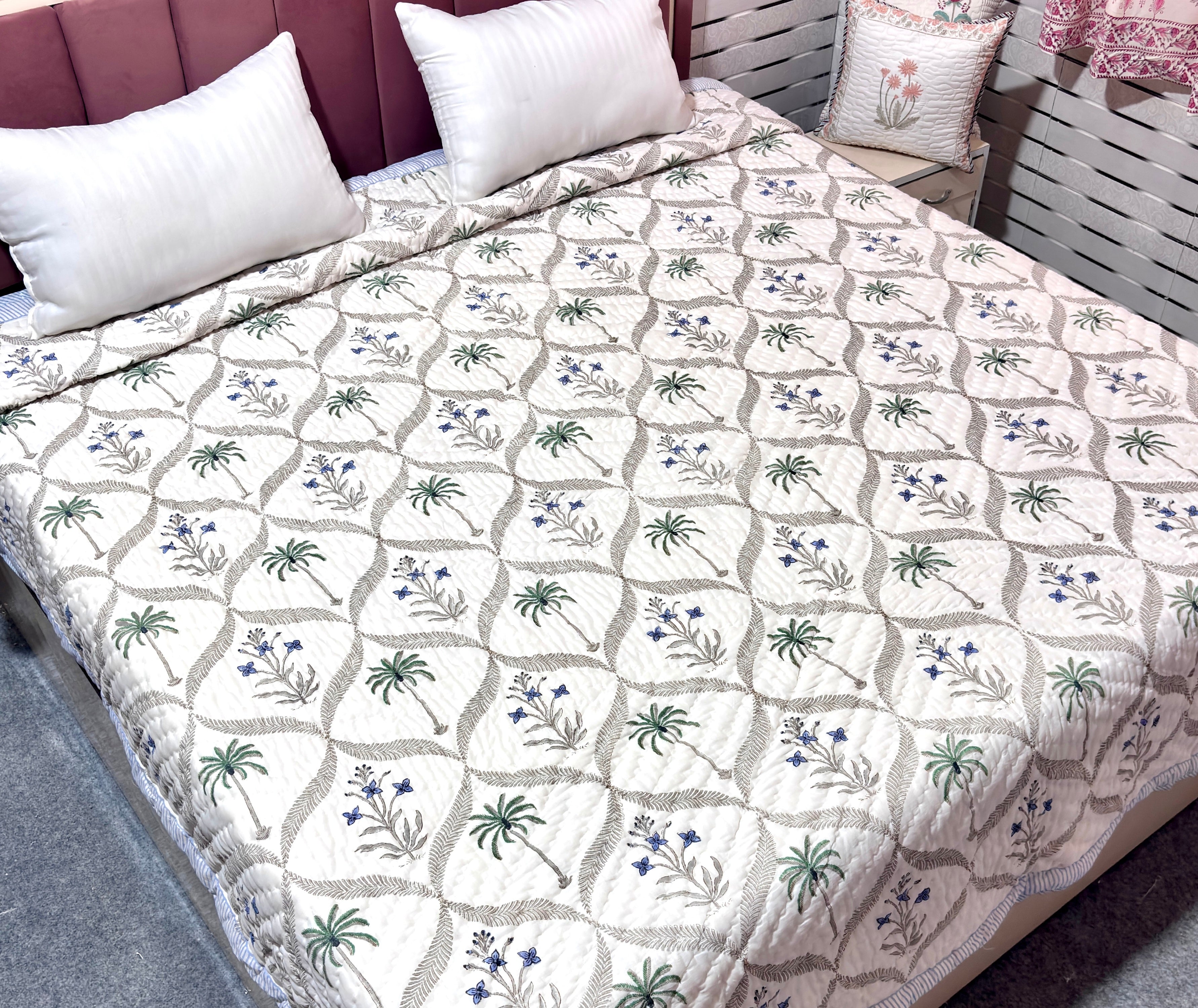 Blue Floral Cotton Quilt | Reversible Hand Block Printed Quilt | Palm Tree & Floral Quilted Bedspread | Lightweight Summer Bedding