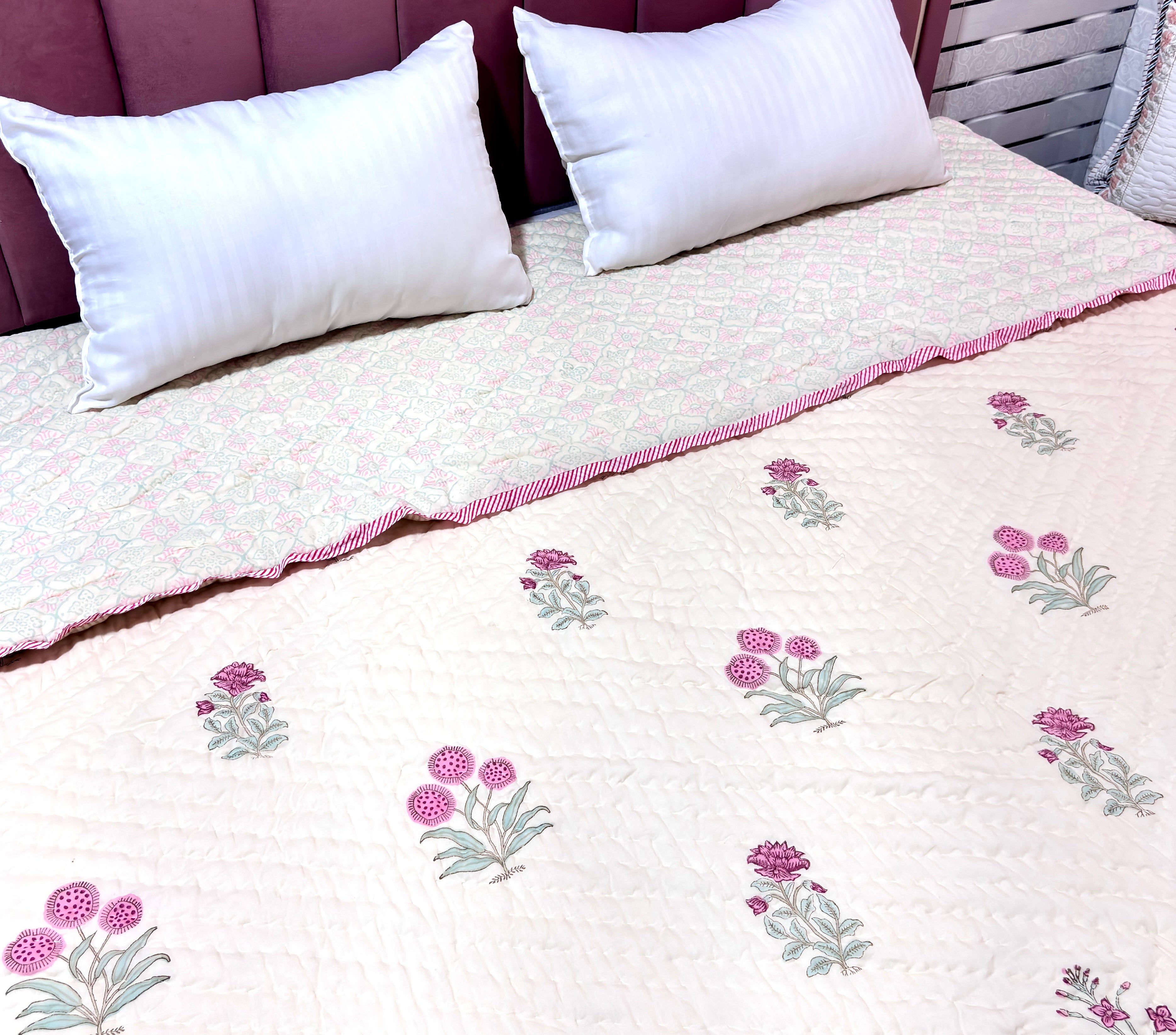 Cream Pink Floral Cotton Quilt Queen Size | Printed Botanical Quilted Bedspread with Decorative Border | Soft Indian Cotton Bed Cover
