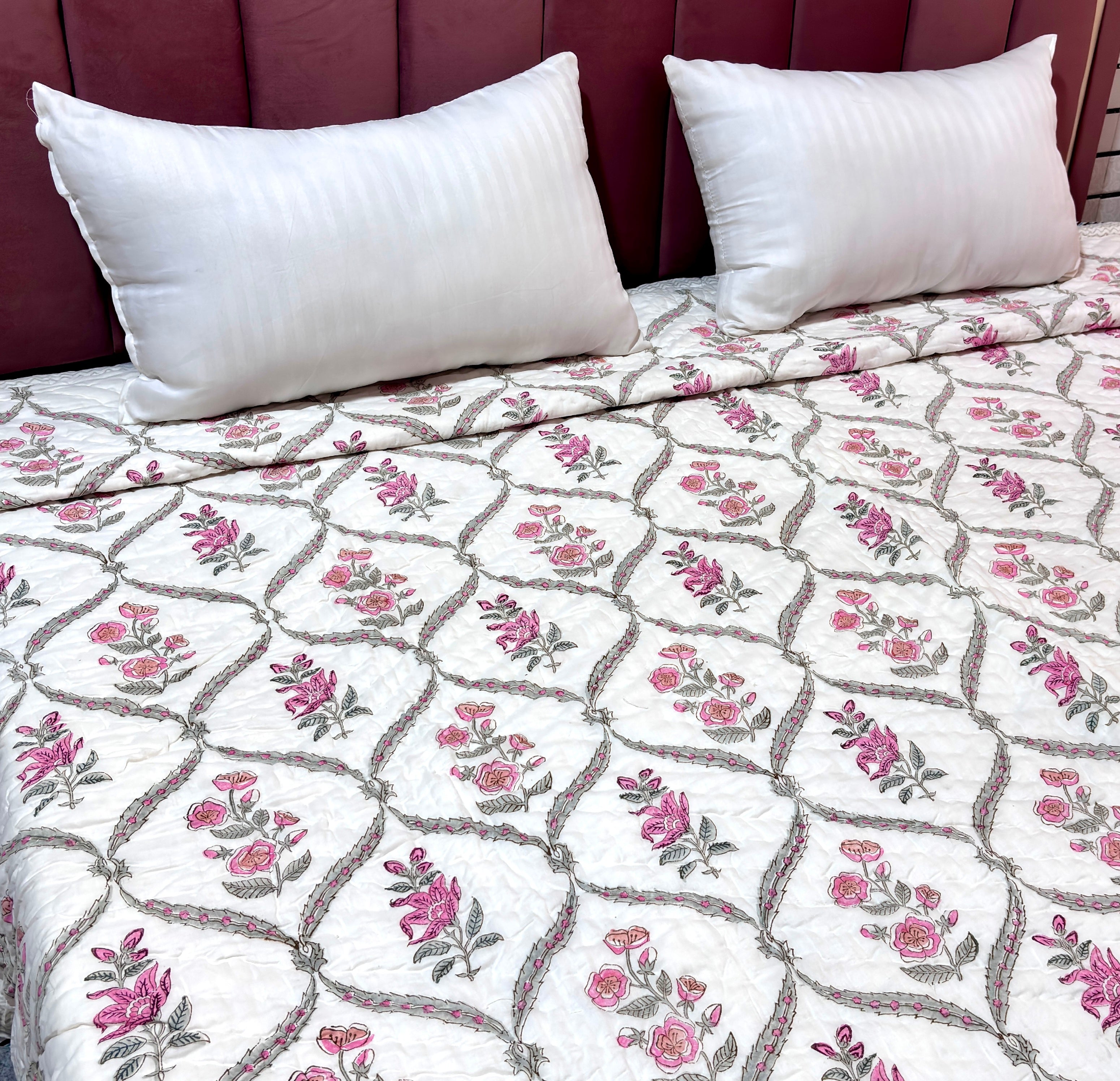 Floral Cotton Quilt | Pink Rose & Leaf Printed Bed Quilt | Traditional Indian Cotton Bedspread | Handmade Bedding