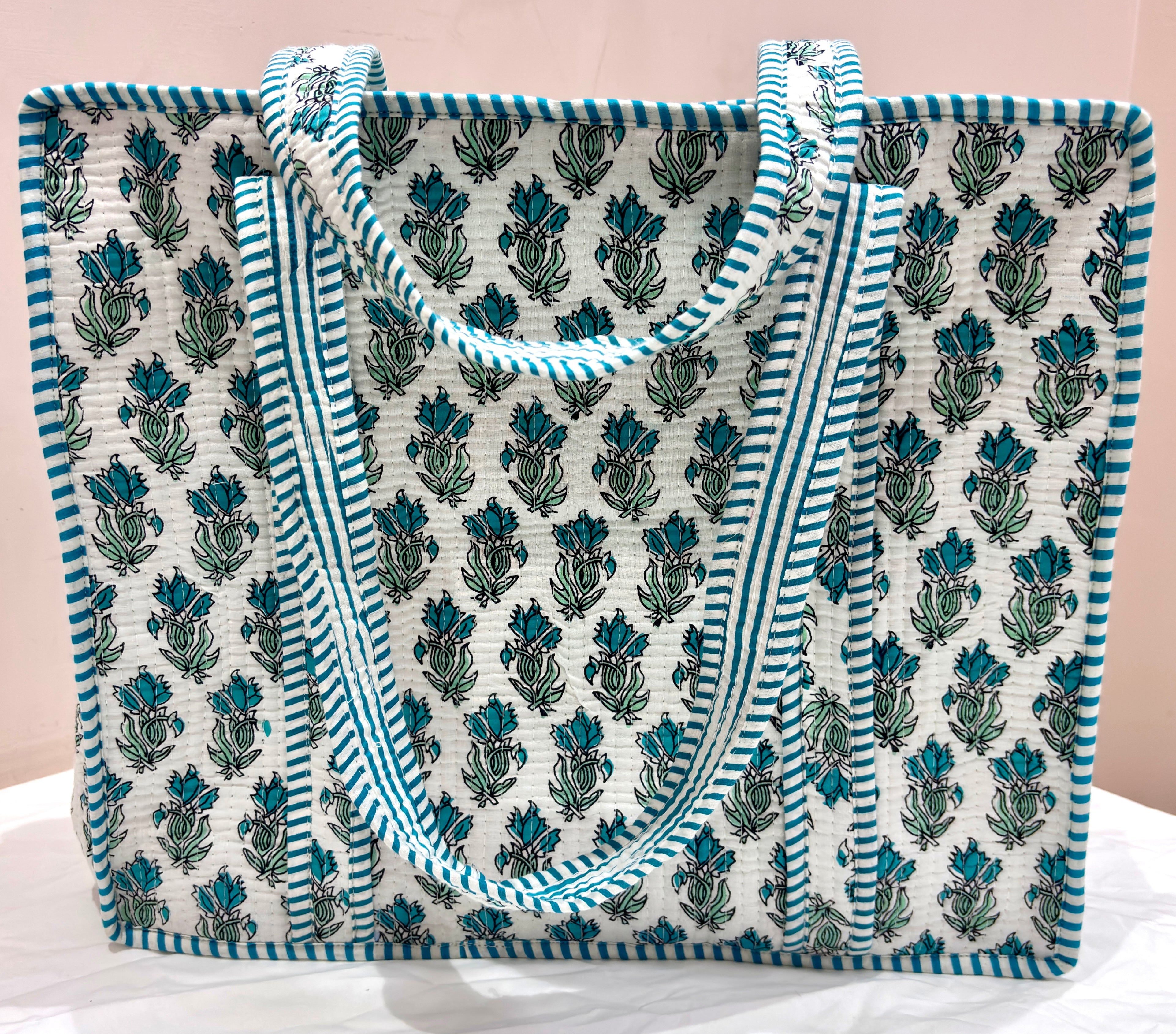 # Light Green Blue Floral Print Tote Bag | Cotton Hand Block Printed Reusable Shopping Bag | Handmade Fabric Tote