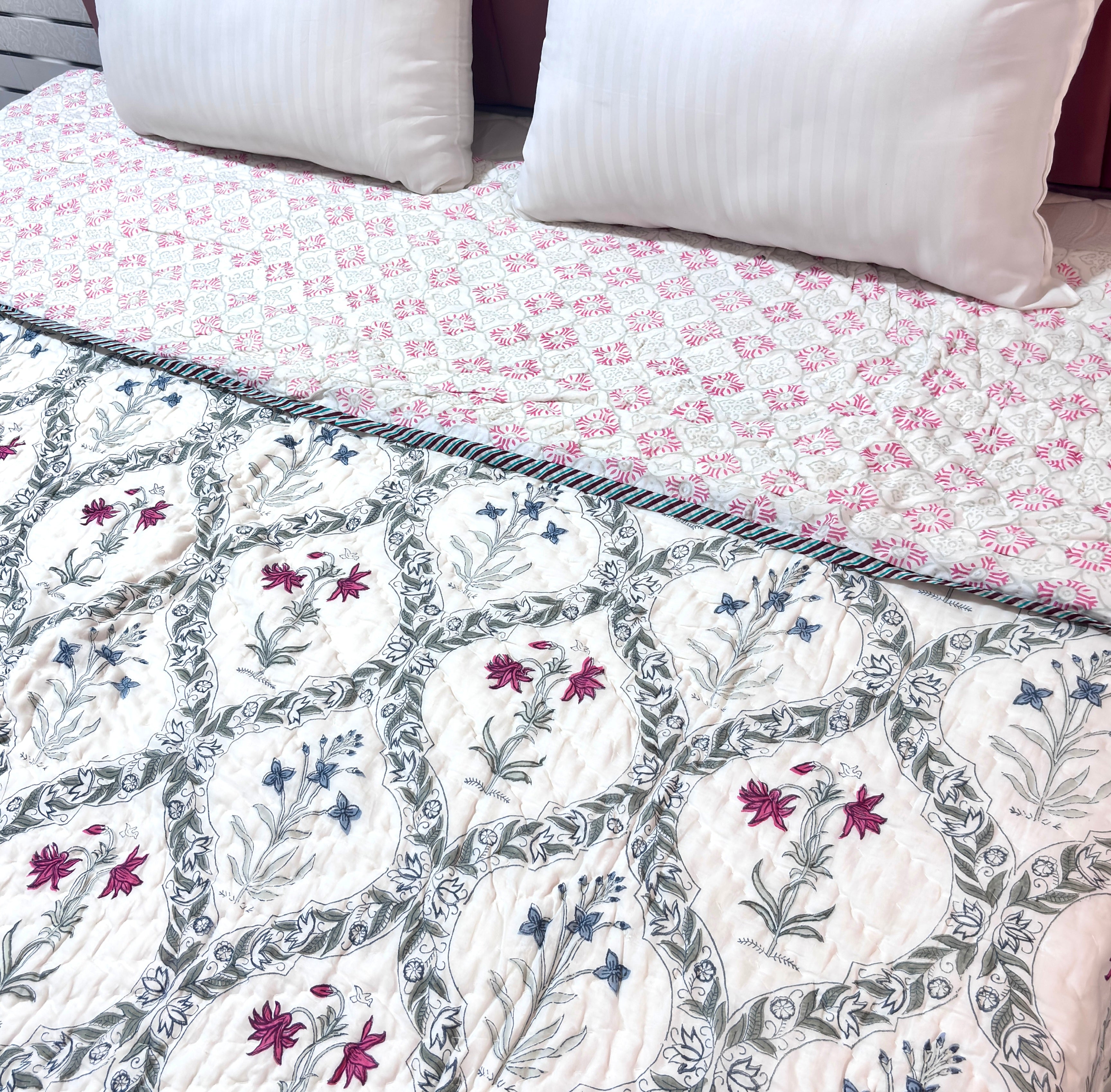 Floral Printed Cotton Quilt | Pink & Blue Floral Bed Quilt | Handmade Indian Cotton Quilt | Reversible Bedding