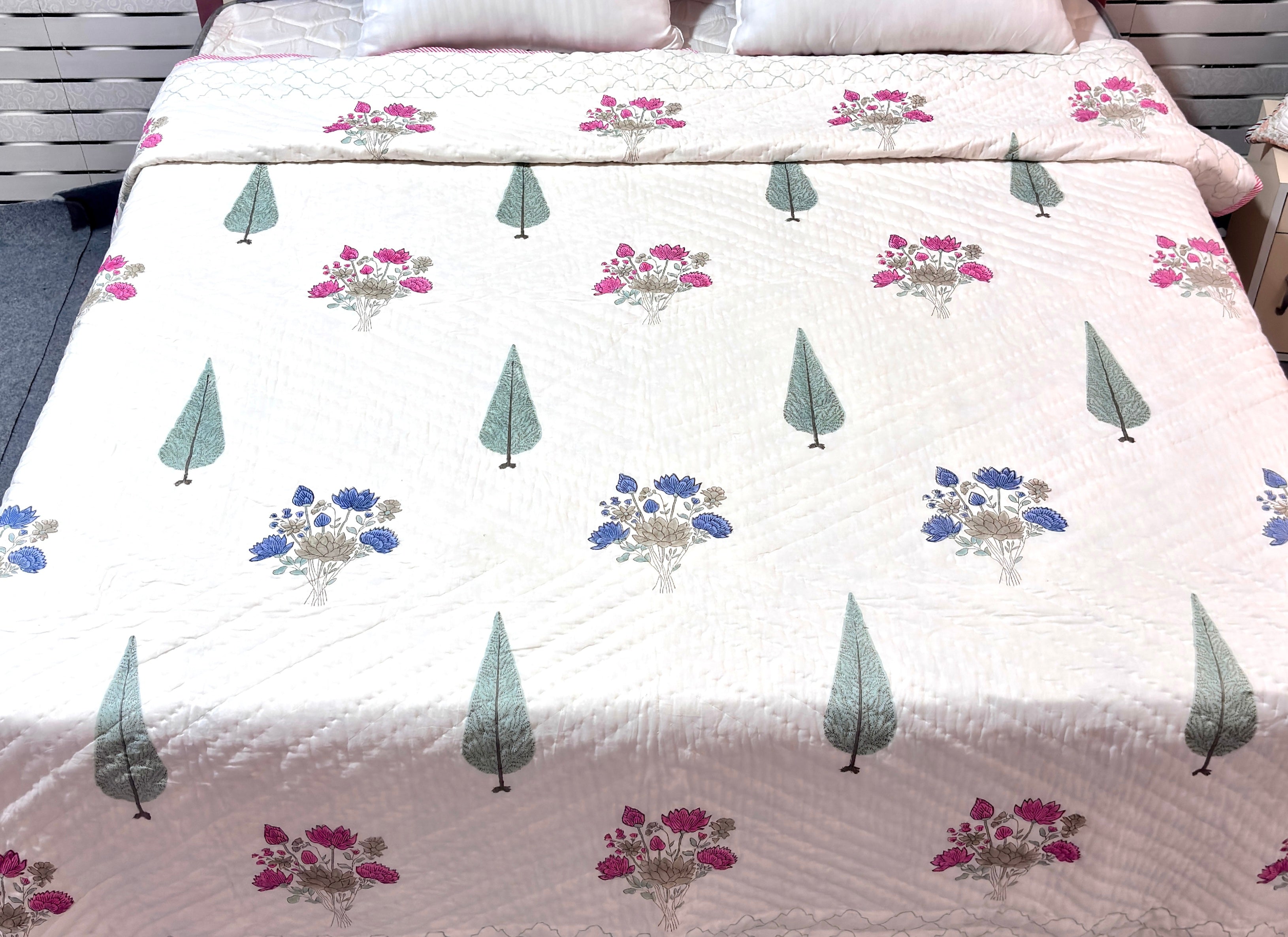 Hand Block Printed Cotton Quilt | Pink Floral Reversible Bedspread | Handmade Indian Quilt | Lightweight Queen & King Size Bedding | All Season Quilt